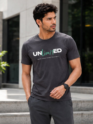 Men's Quick Dry Sports T-Shirt | Printed Gym Workout Running Training Activewear Tee (Grey)