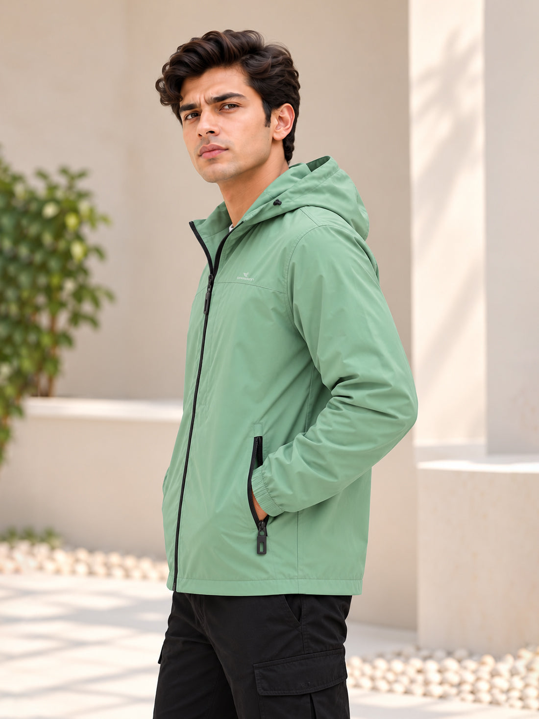 Men’s Black Hooded Windcheater Jacket with Mesh Lining