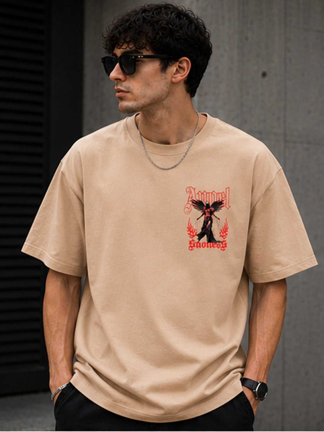 Men's Oversized Drop Shoulder T-Shirt | Pure Cotton Relaxed Fit Round Neck Streetwear T-Shirt (Beige)