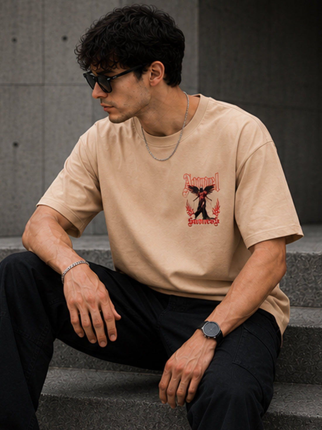 Men's Oversized Drop Shoulder T-Shirt | Pure Cotton Relaxed Fit Round Neck Streetwear T-Shirt (Beige)