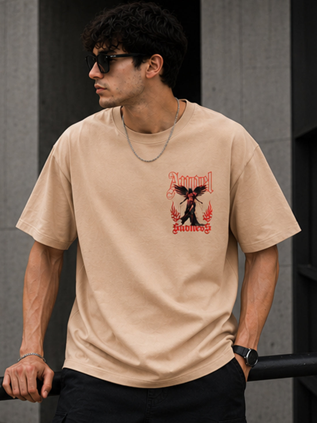 Men's Oversized Drop Shoulder T-Shirt | Pure Cotton Relaxed Fit Round Neck Streetwear T-Shirt (Beige)
