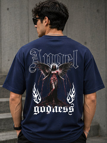 Men's Oversized Drop Shoulder T-Shirt | Pure Cotton Relaxed Fit Round Neck Streetwear T-Shirt (Navy Blue)