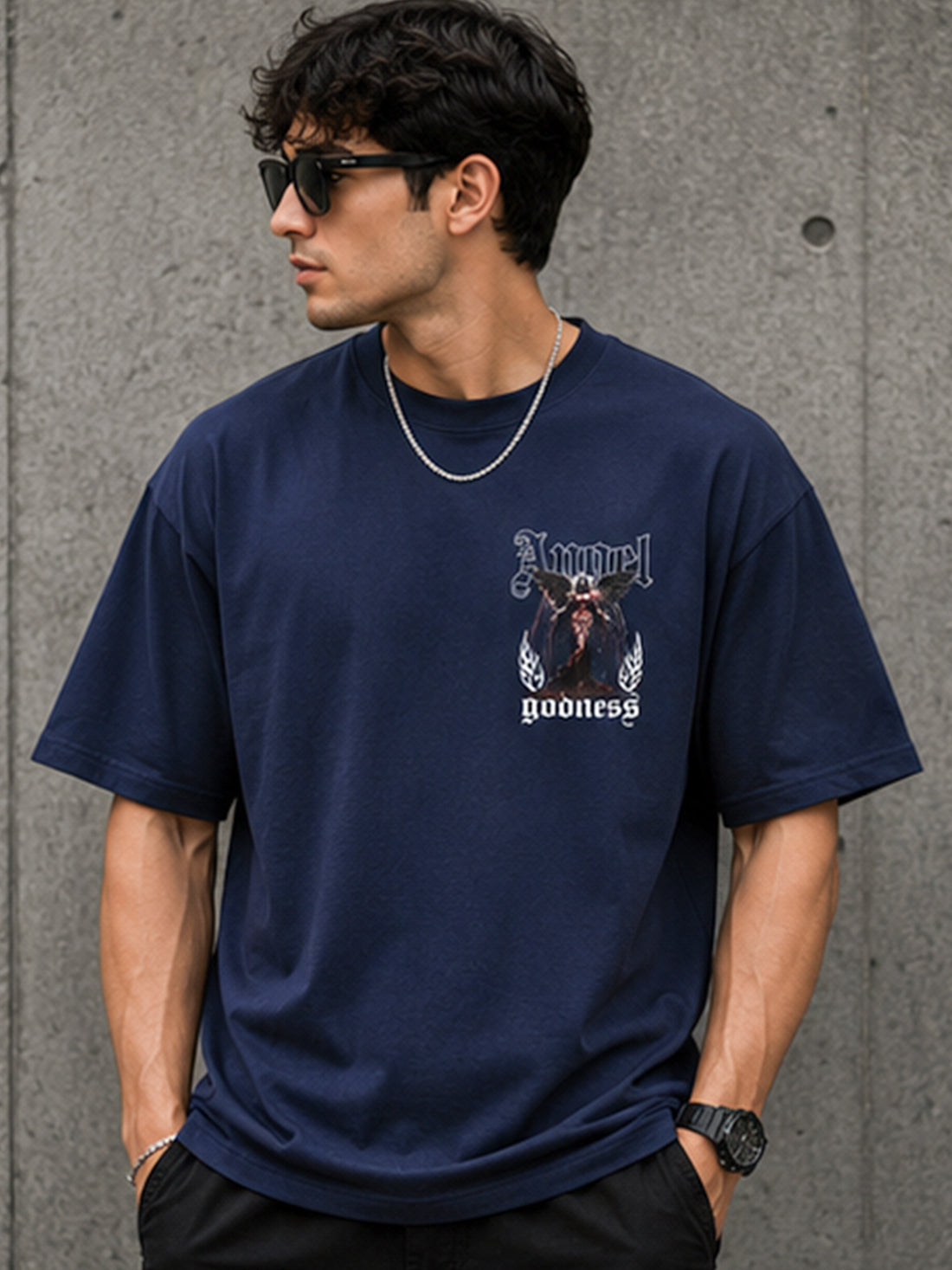 Men's Oversized Drop Shoulder T-Shirt | Pure Cotton Relaxed Fit Round Neck Streetwear T-Shirt (Navy Blue)