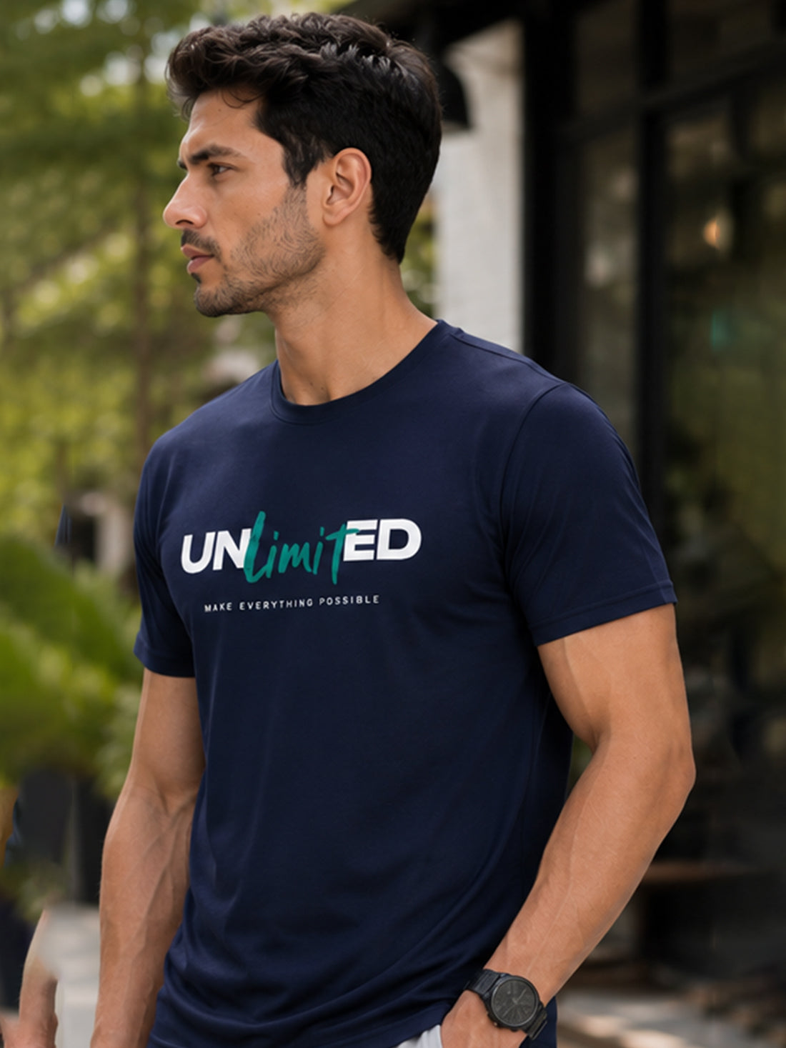 Men's Quick Dry Sports T-Shirt | Printed Gym Workout Running Training Activewear Tee (Navy Blue)