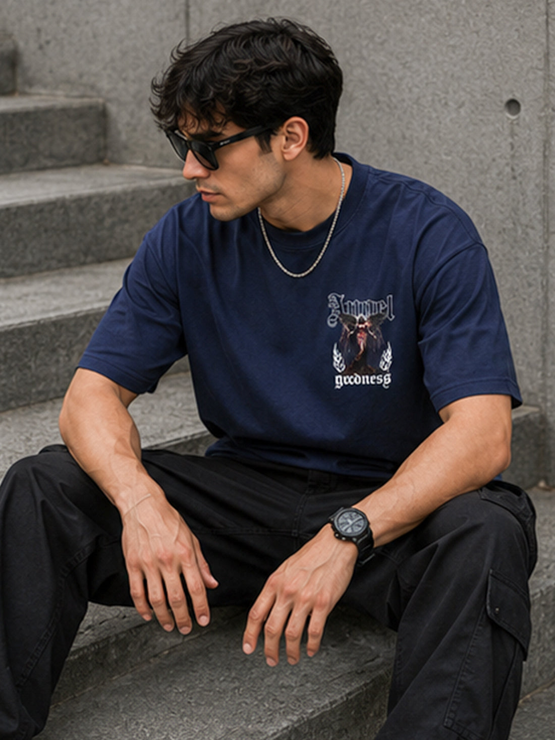 Men's Oversized Drop Shoulder T-Shirt | Pure Cotton Relaxed Fit Round Neck Streetwear T-Shirt (Navy Blue)