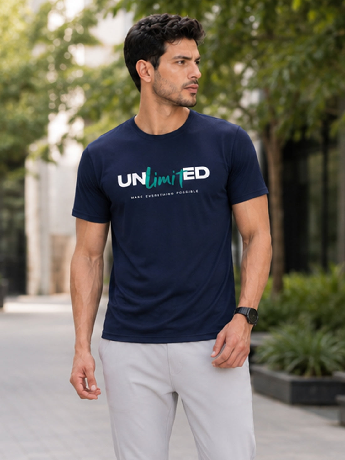 Men's Quick Dry Sports T-Shirt | Printed Gym Workout Running Training Activewear Tee (Navy Blue)