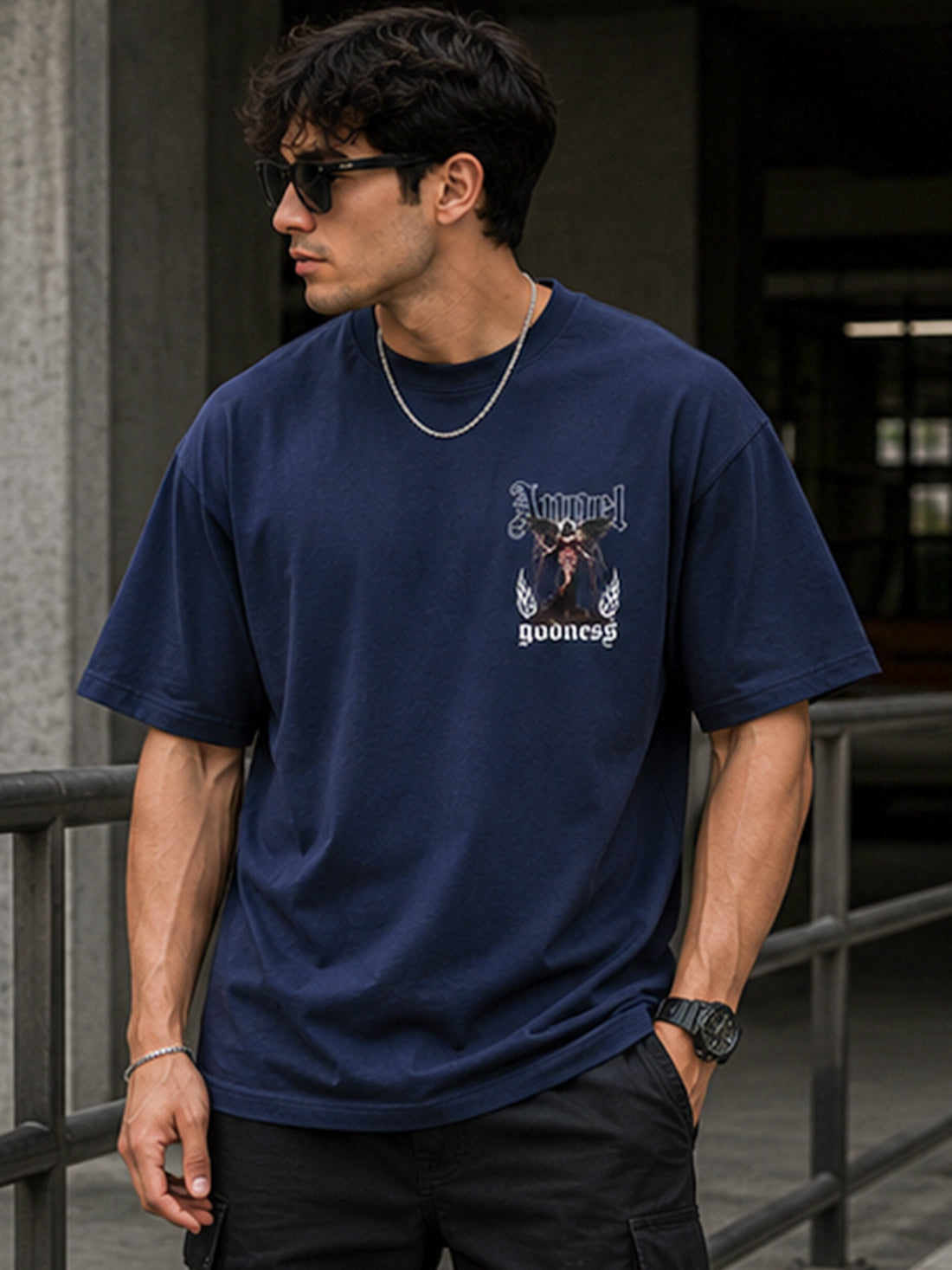 Men's Oversized Drop Shoulder T-Shirt | Pure Cotton Relaxed Fit Round Neck Streetwear T-Shirt (Navy Blue)