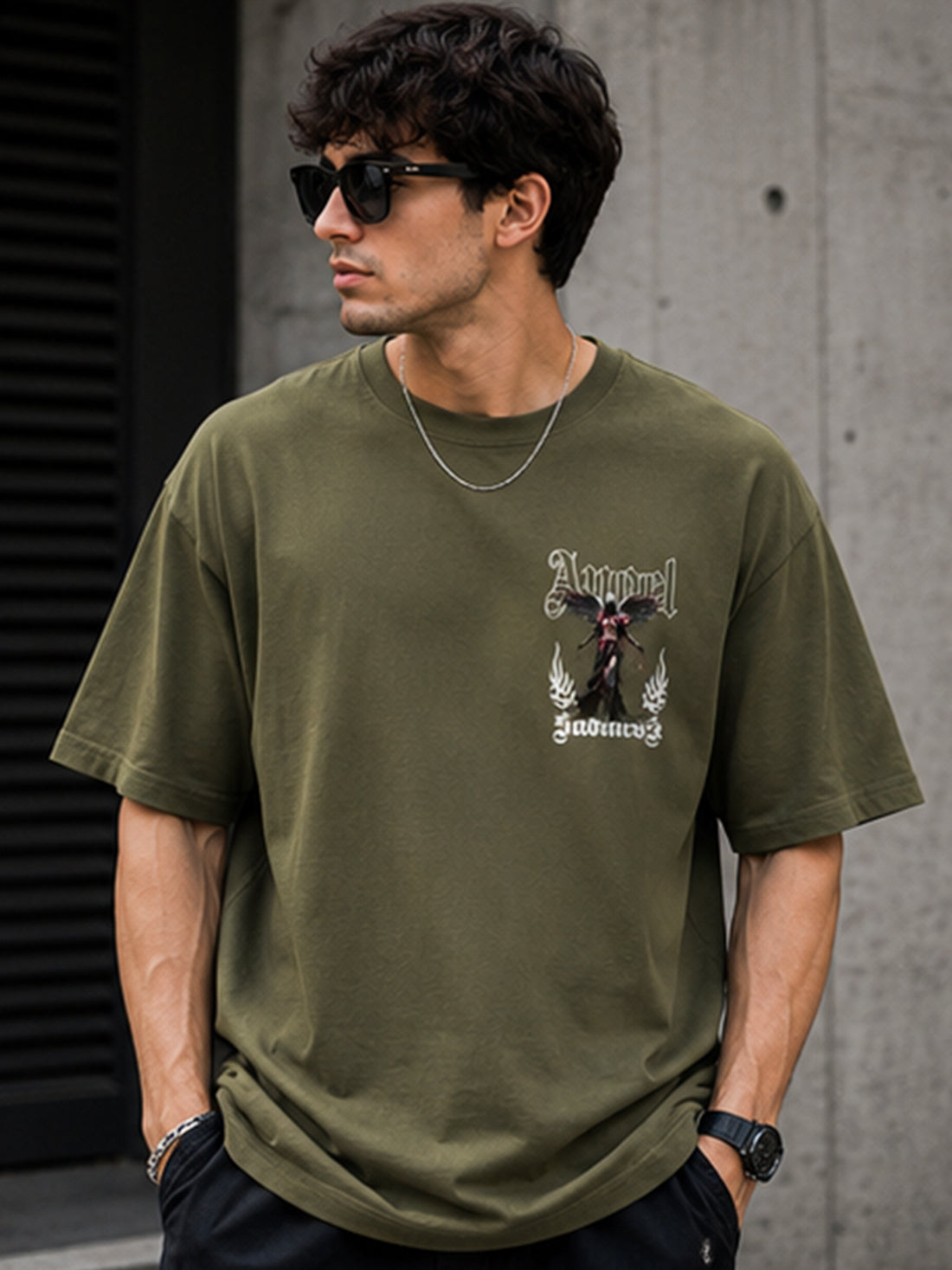 Men's Oversized Drop Shoulder T-Shirt | Pure Cotton Relaxed Fit Round Neck Streetwear T-Shirt (Olive)