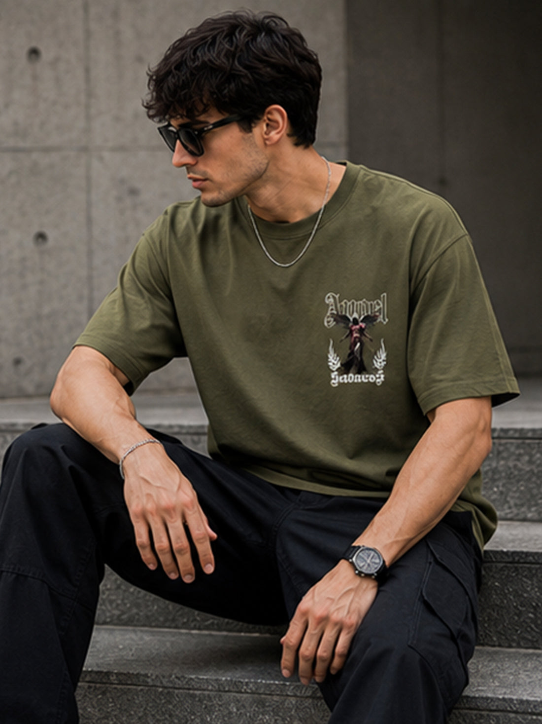 Men's Oversized Drop Shoulder T-Shirt | Pure Cotton Relaxed Fit Round Neck Streetwear T-Shirt (Olive)