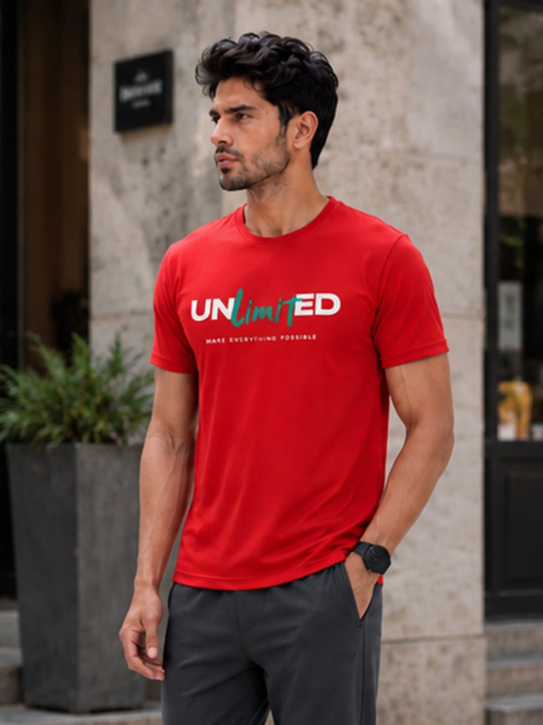 Men's Quick Dry Sports T-Shirt | Printed Gym Workout Running Training Activewear Tee (Red)