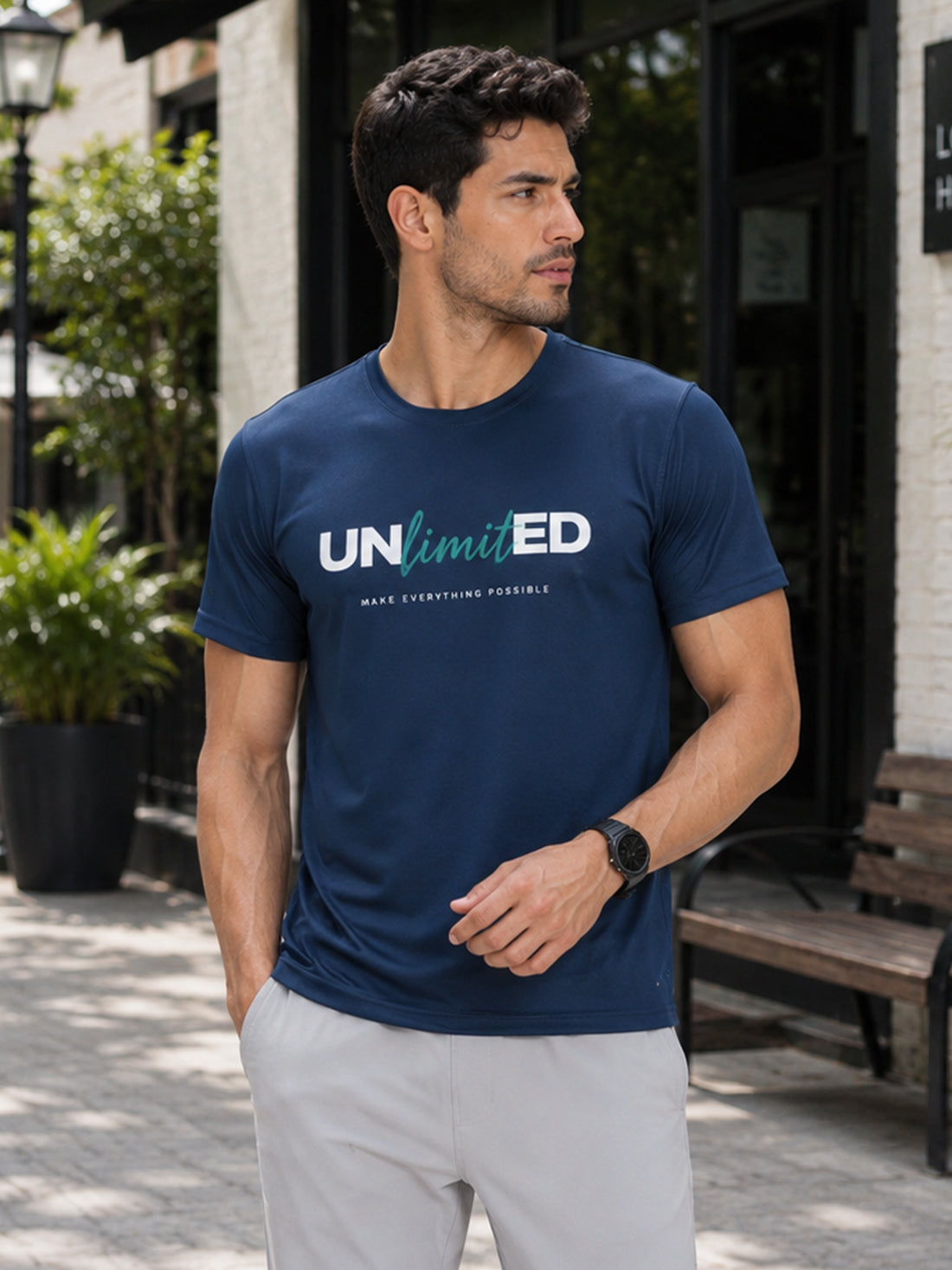 Men's Quick Dry Sports T-Shirt | Printed Gym Workout Running Training Activewear Tee (Blue)