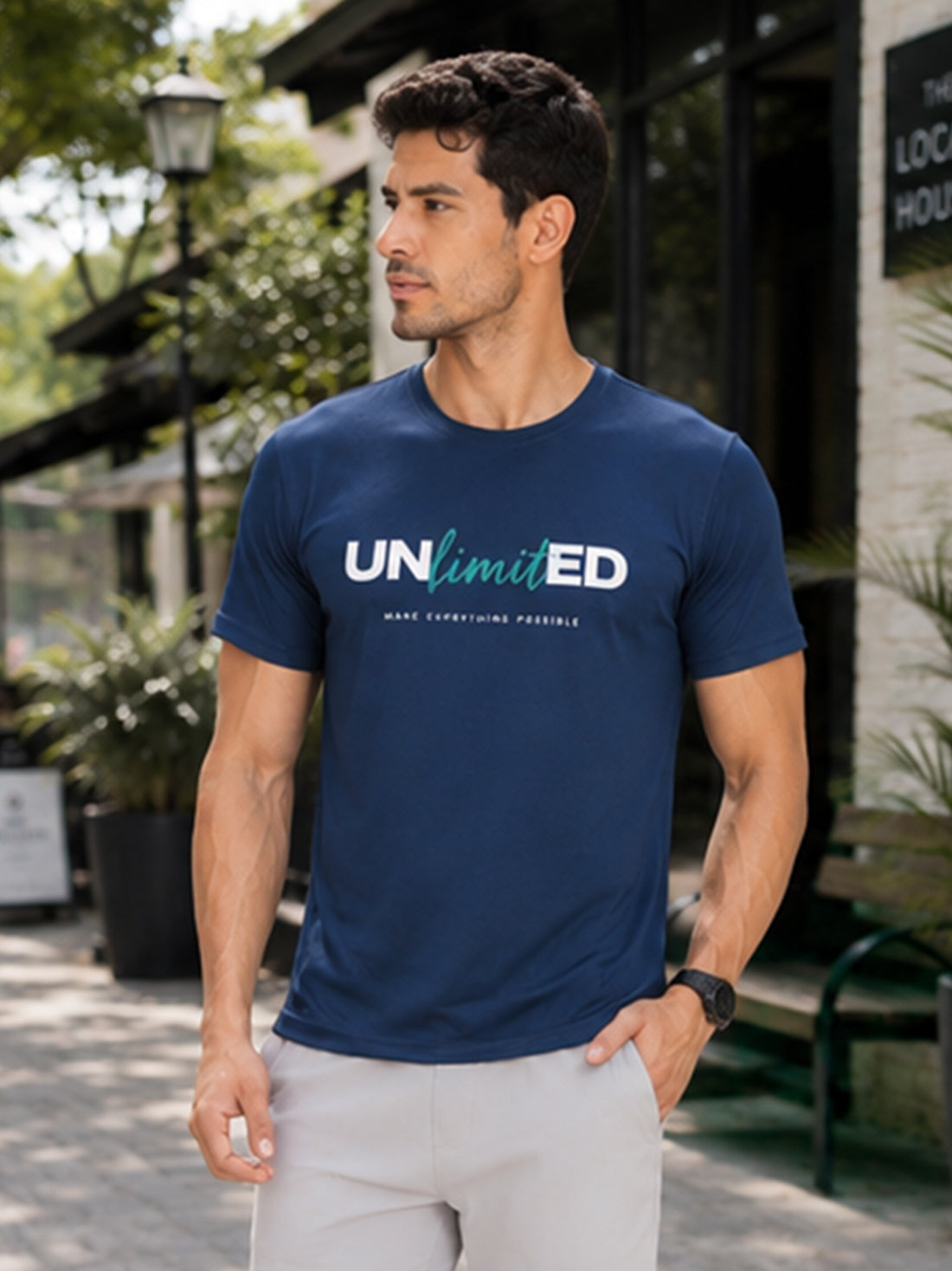 Men's Quick Dry Sports T-Shirt | Printed Gym Workout Running Training Activewear Tee (Blue)