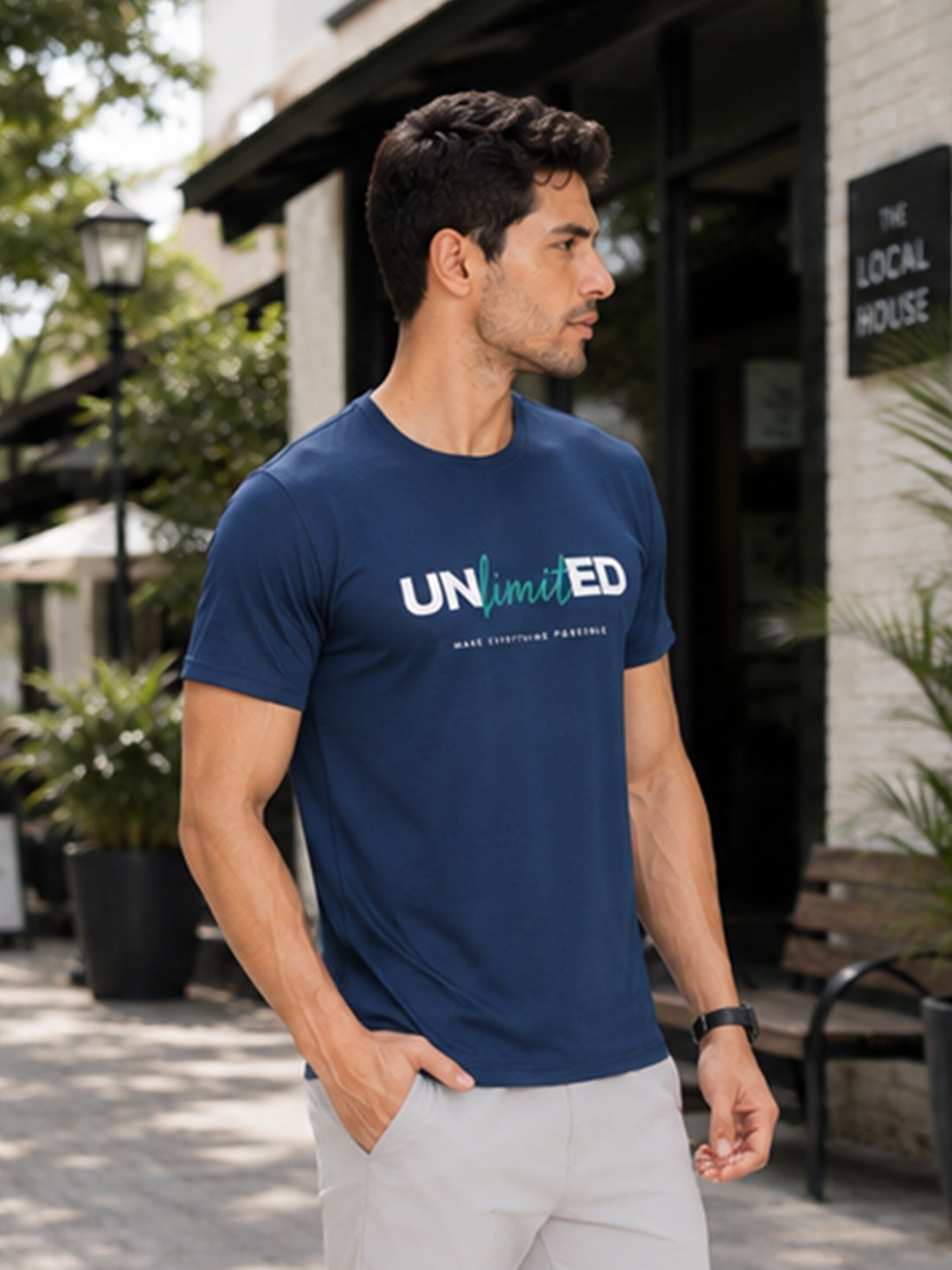 Men's Quick Dry Sports T-Shirt | Printed Gym Workout Running Training Activewear Tee (Blue)
