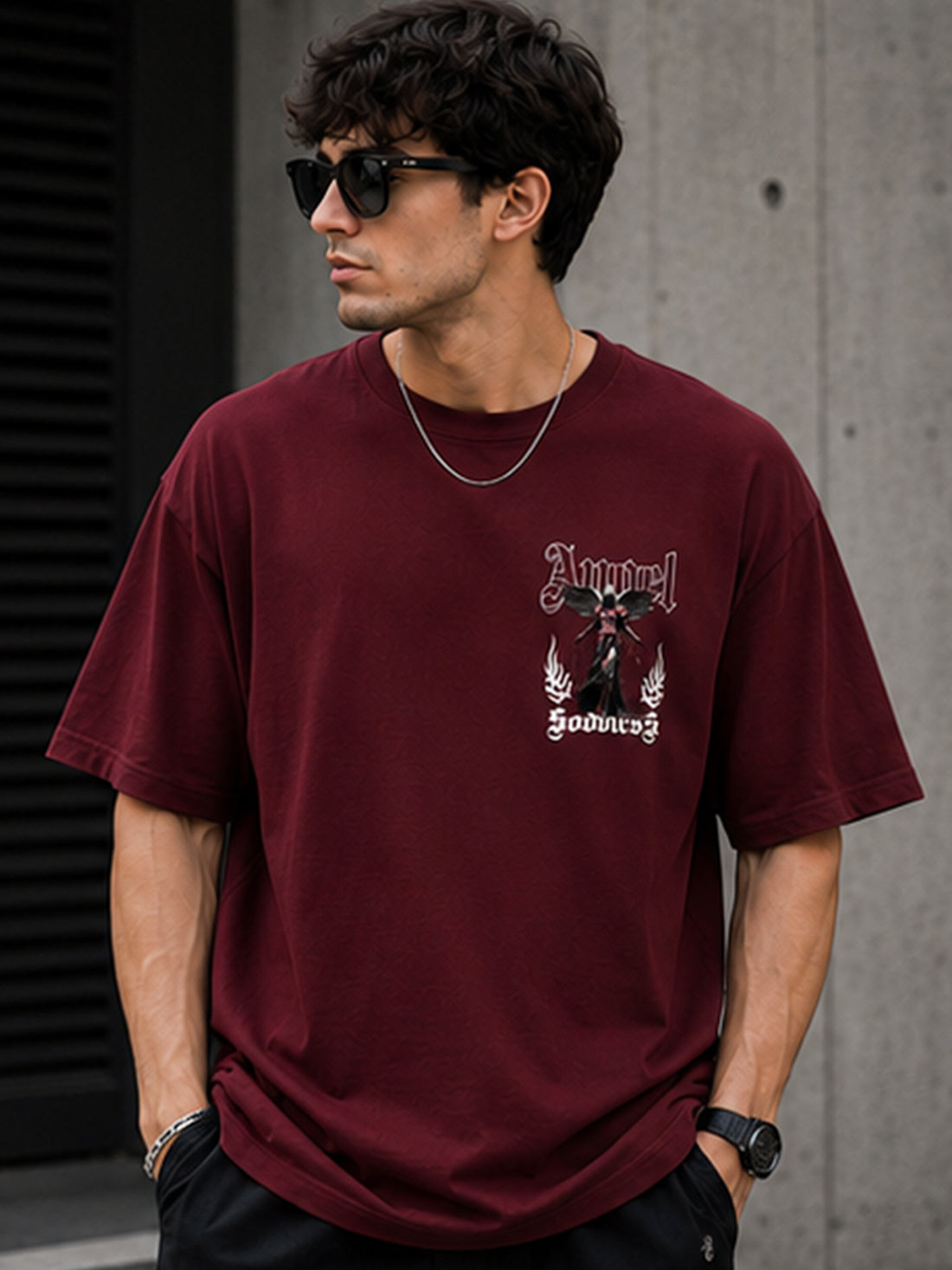 Men's Oversized Drop Shoulder T-Shirt | Pure Cotton Relaxed Fit Round Neck Streetwear T-Shirt (Wine)