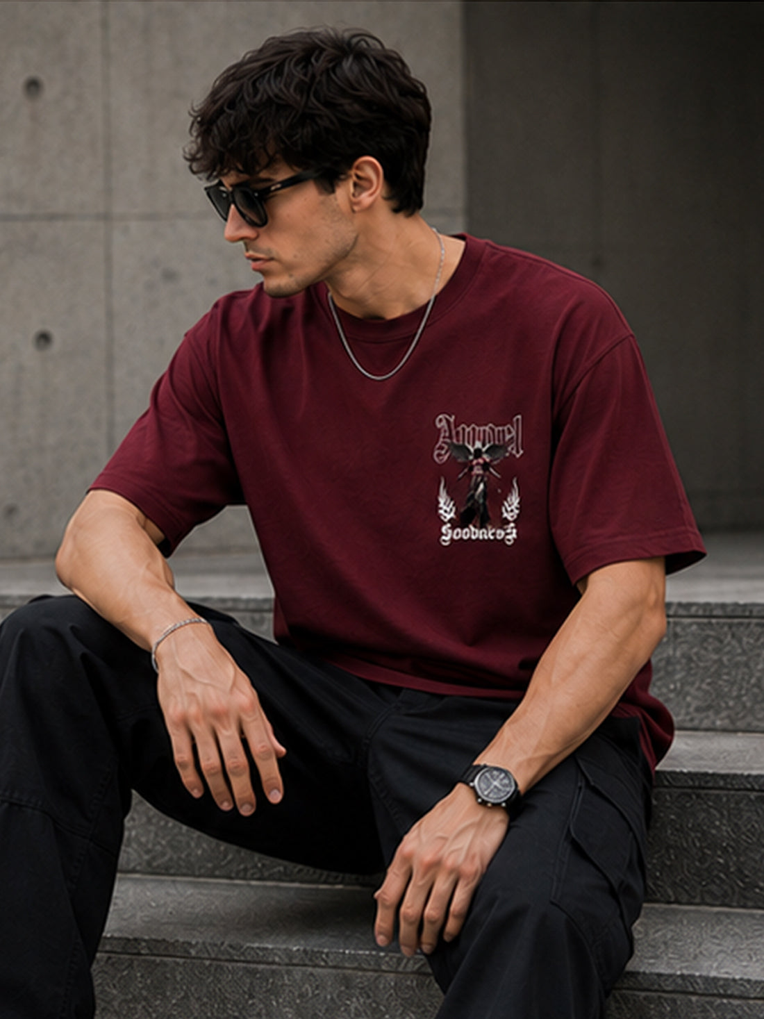 Men's Oversized Drop Shoulder T-Shirt | Pure Cotton Relaxed Fit Round Neck Streetwear T-Shirt (Wine)