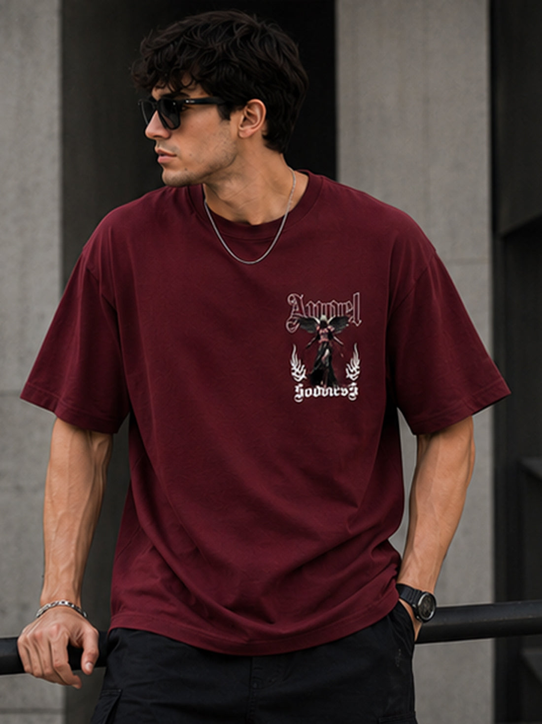 Men's Oversized Drop Shoulder T-Shirt | Pure Cotton Relaxed Fit Round Neck Streetwear T-Shirt (Wine)