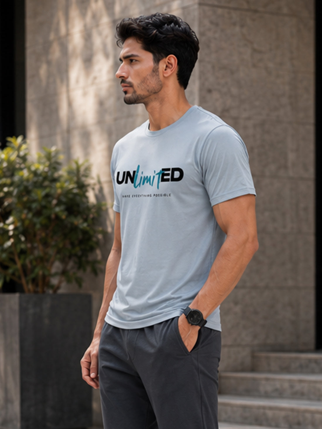Men's Quick Dry Sports T-Shirt | Printed Gym Workout Running Training Activewear Tee (Silver)