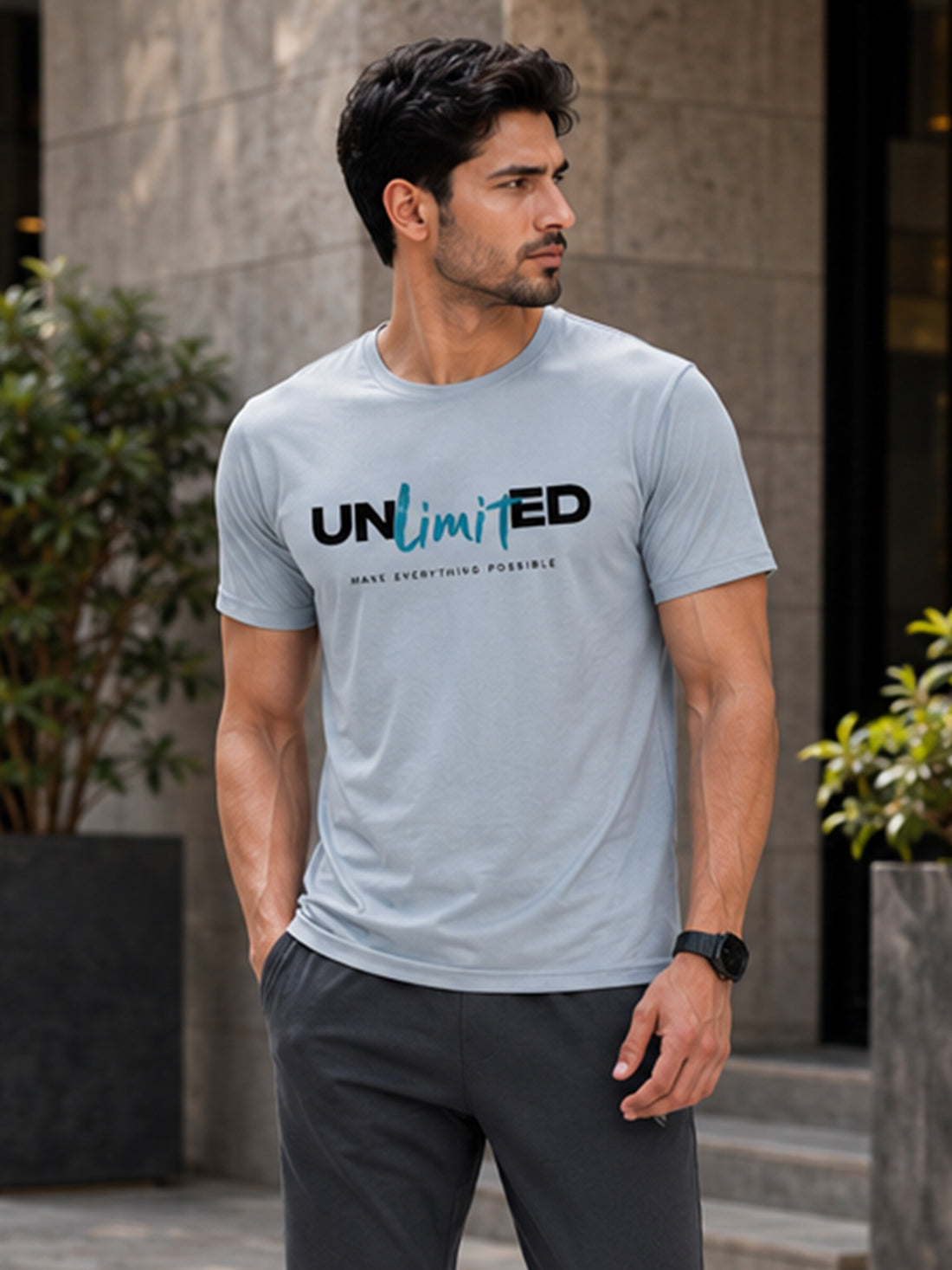 Men's Quick Dry Sports T-Shirt | Printed Gym Workout Running Training Activewear Tee (Silver)