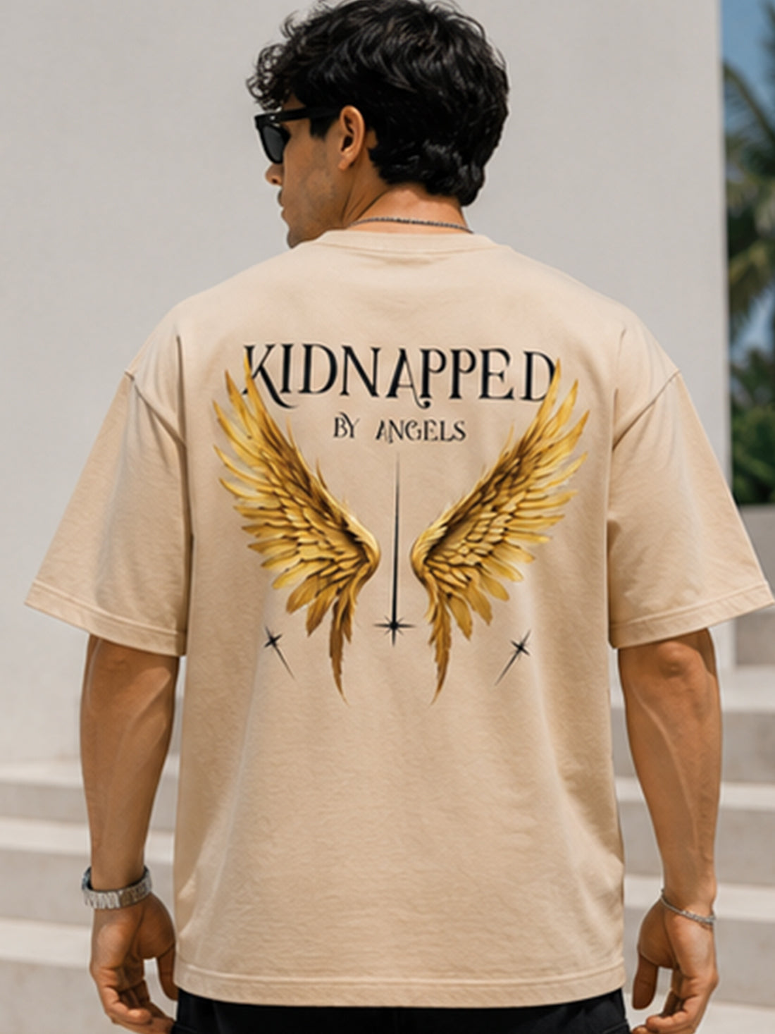 Men's Oversized Drop Shoulder T-Shirt | Cotton Fabirc Relaxed Fit Round Neck Streetwear Tee (Beige)