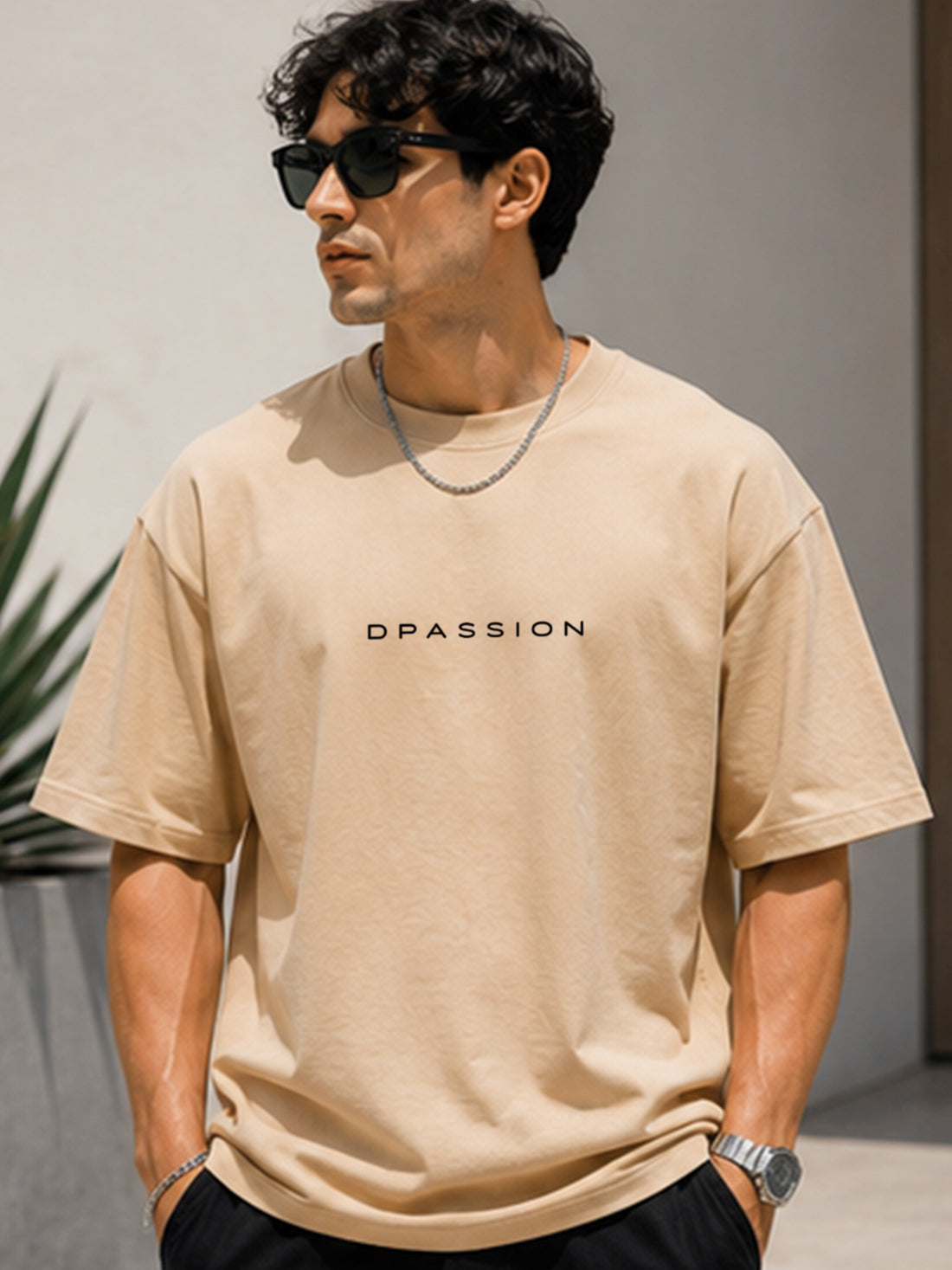 Men's Oversized Drop Shoulder T-Shirt | Cotton Fabirc Relaxed Fit Round Neck Streetwear Tee (Beige)