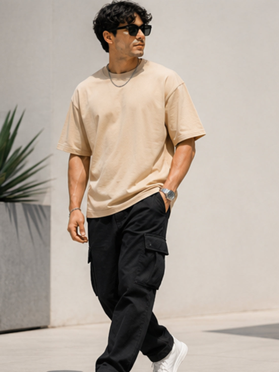 Men's Oversized Drop Shoulder T-Shirt | Cotton Fabirc Relaxed Fit Round Neck Streetwear Tee (Beige)