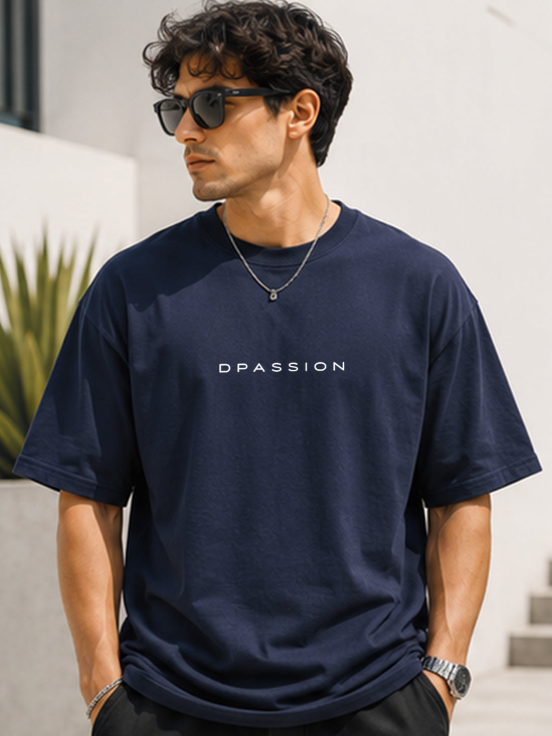 Men's Oversized Drop Shoulder T-Shirt | Cotton Fabirc Relaxed Fit Round Neck Streetwear Tee (Navy Blue)