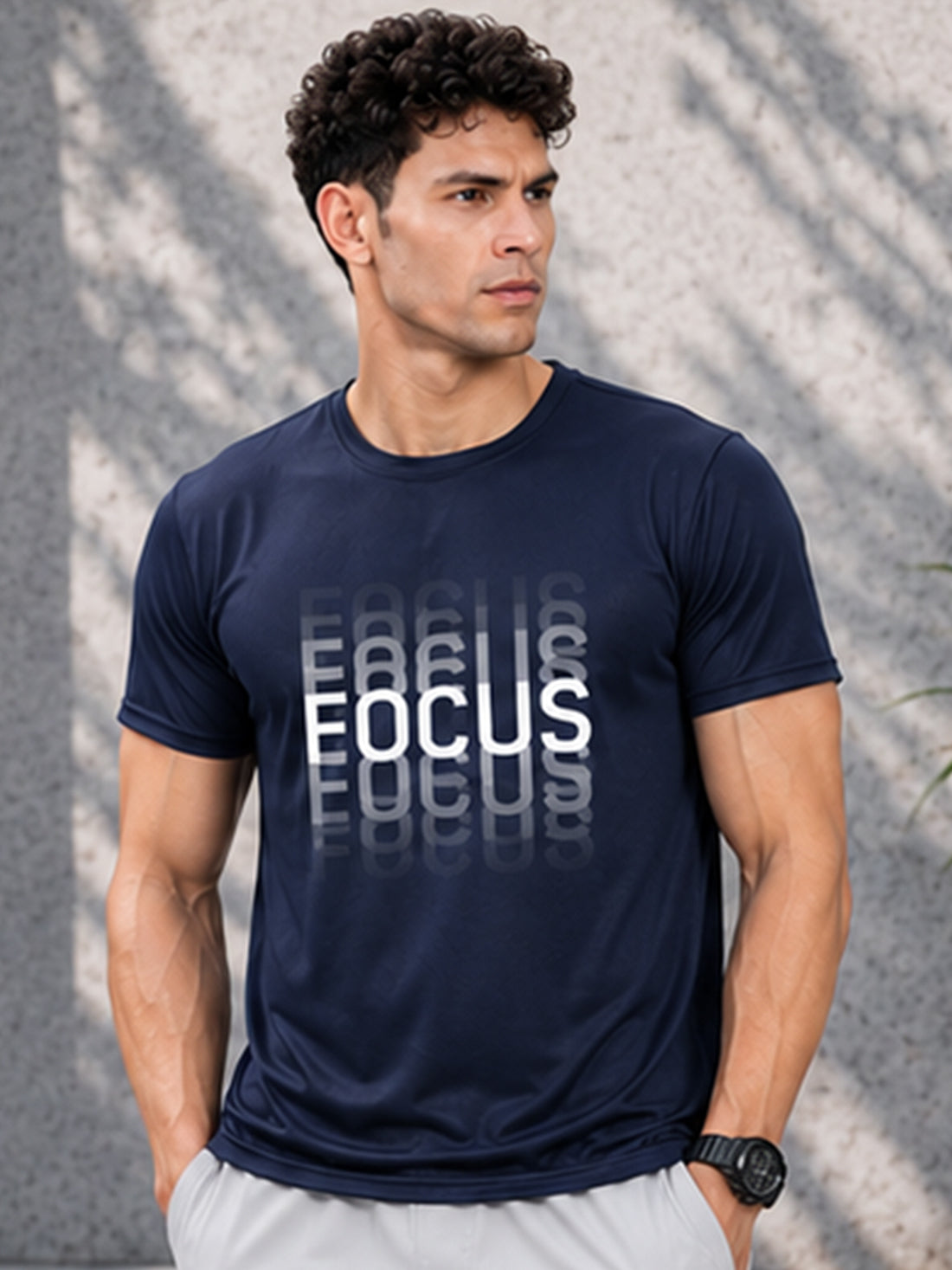 Men's Quick Dry Sports T-Shirt | Printed Gym Workout Running Training Activewear Tee (Navy Blue)
