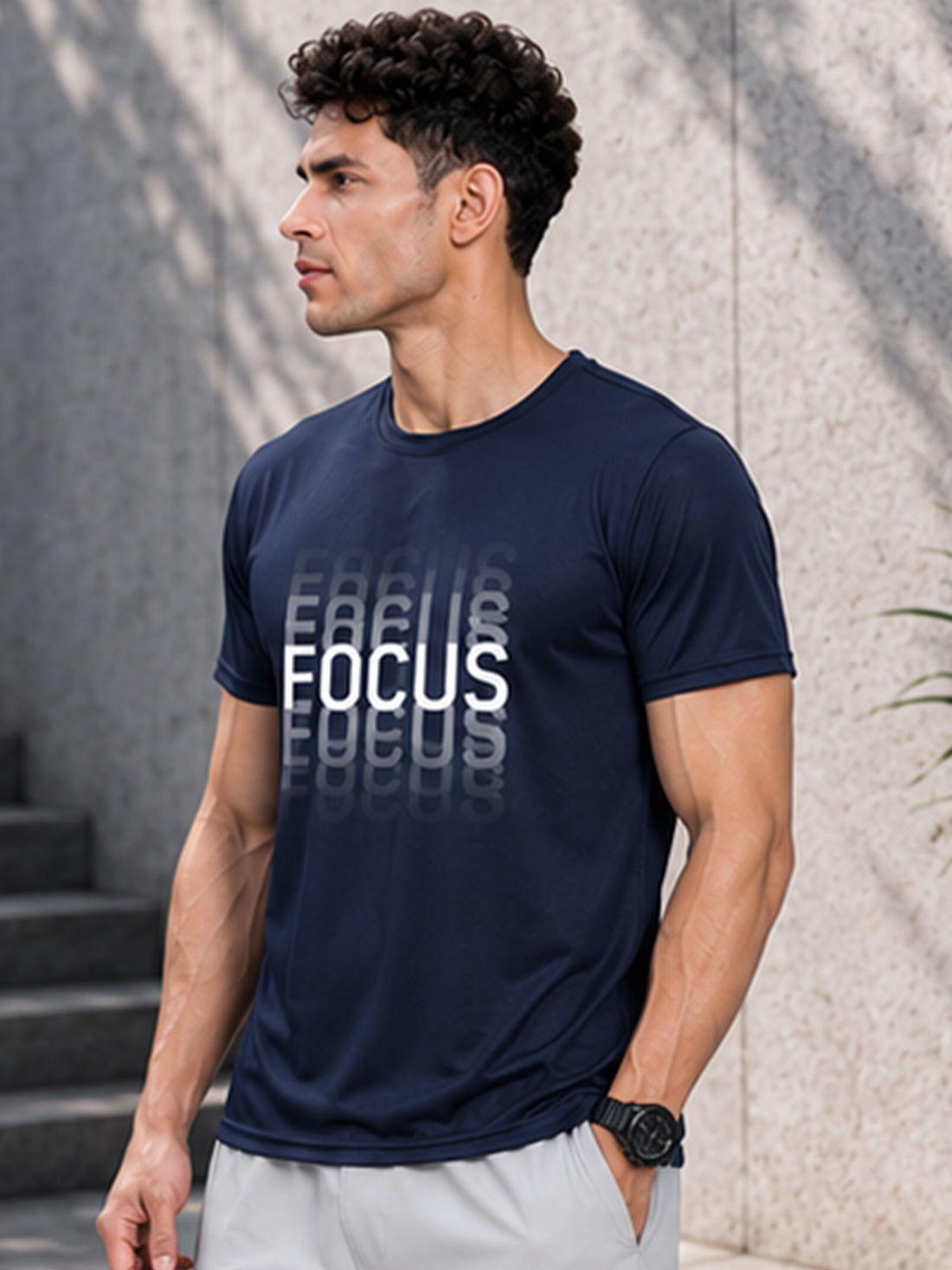 Men's Quick Dry Sports T-Shirt | Printed Gym Workout Running Training Activewear Tee (Navy Blue)