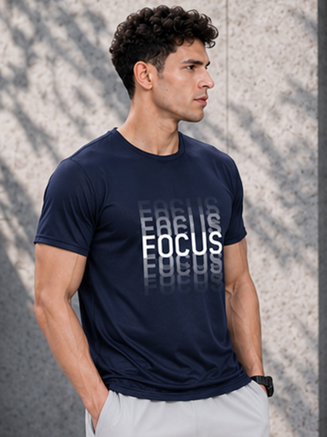 Men's Quick Dry Sports T-Shirt | Printed Gym Workout Running Training Activewear Tee (Navy Blue)