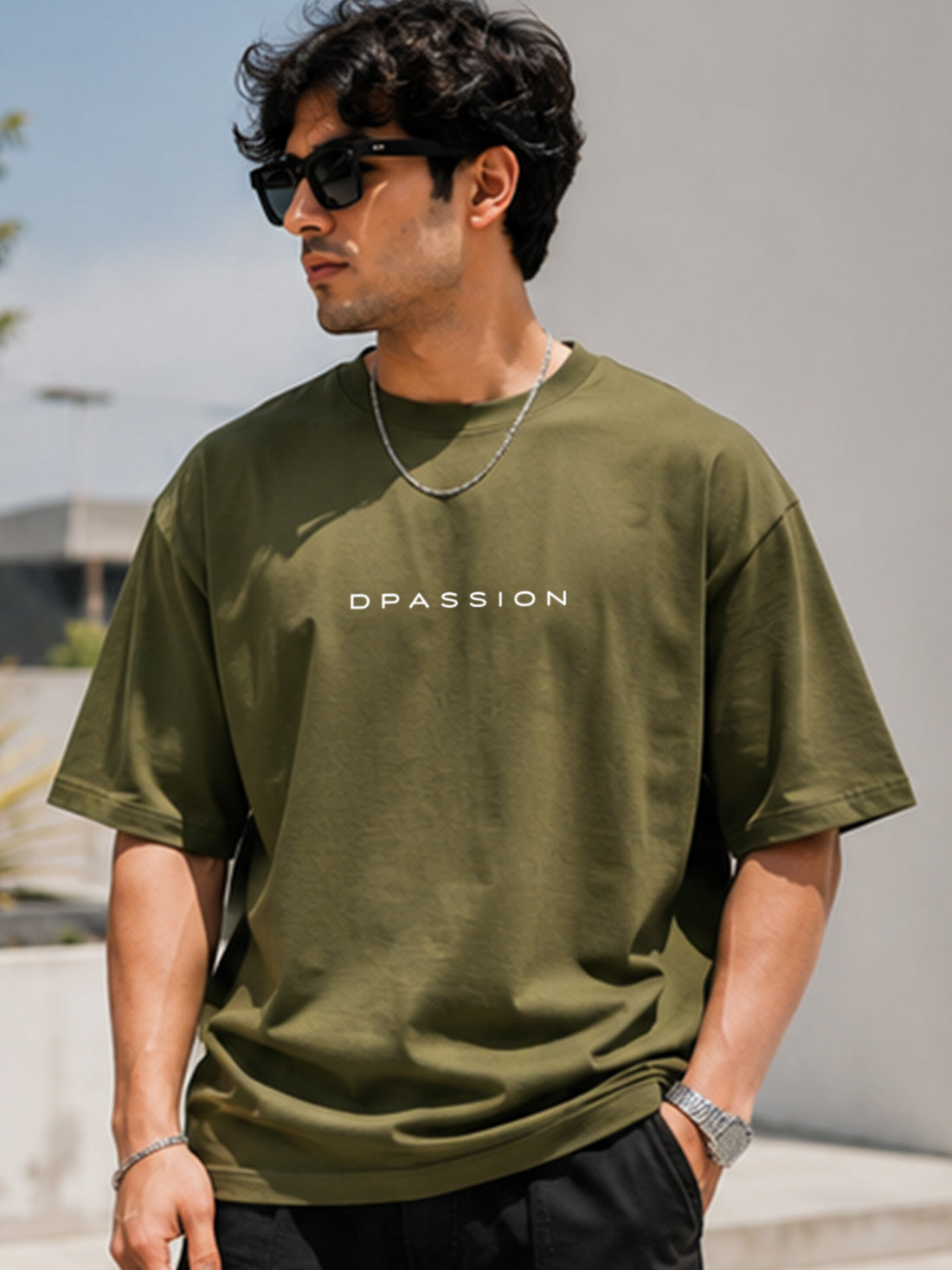 Men's Oversized Drop Shoulder T-Shirt | Cotton Fabirc Relaxed Fit Round Neck Streetwear Tee (Olive)