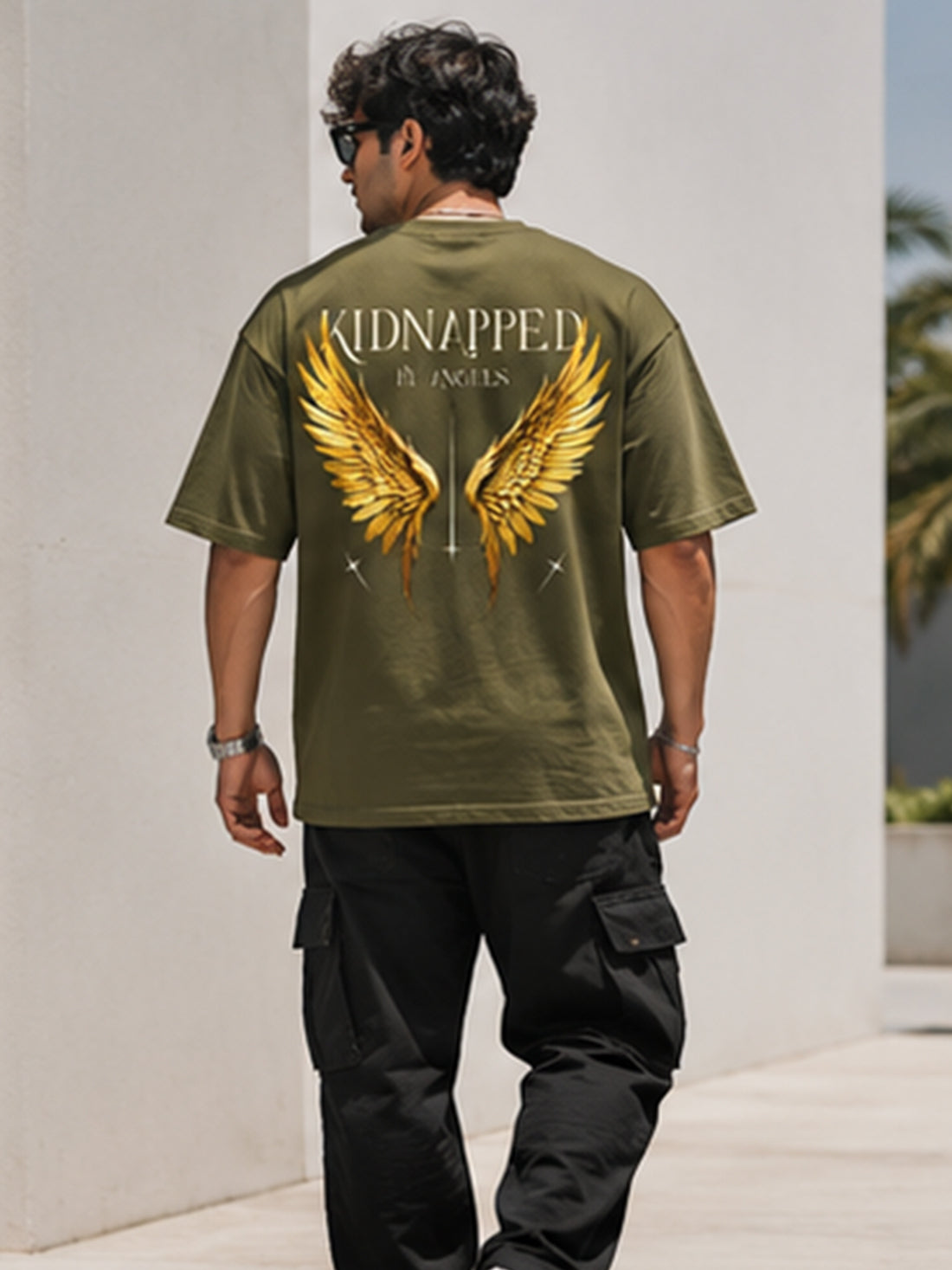Men's Oversized Drop Shoulder T-Shirt | Cotton Fabirc Relaxed Fit Round Neck Streetwear Tee (Olive)