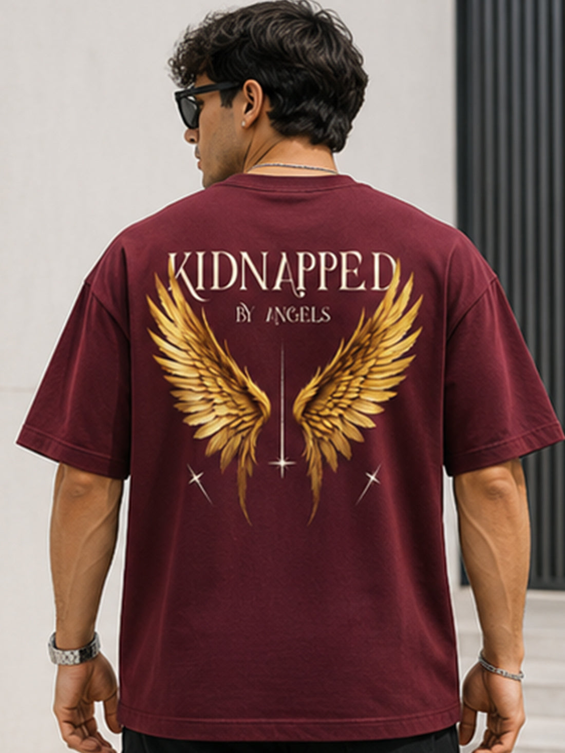 Men's Oversized Drop Shoulder T-Shirt | Cotton Fabirc Relaxed Fit Round Neck Streetwear Tee (Wine)
