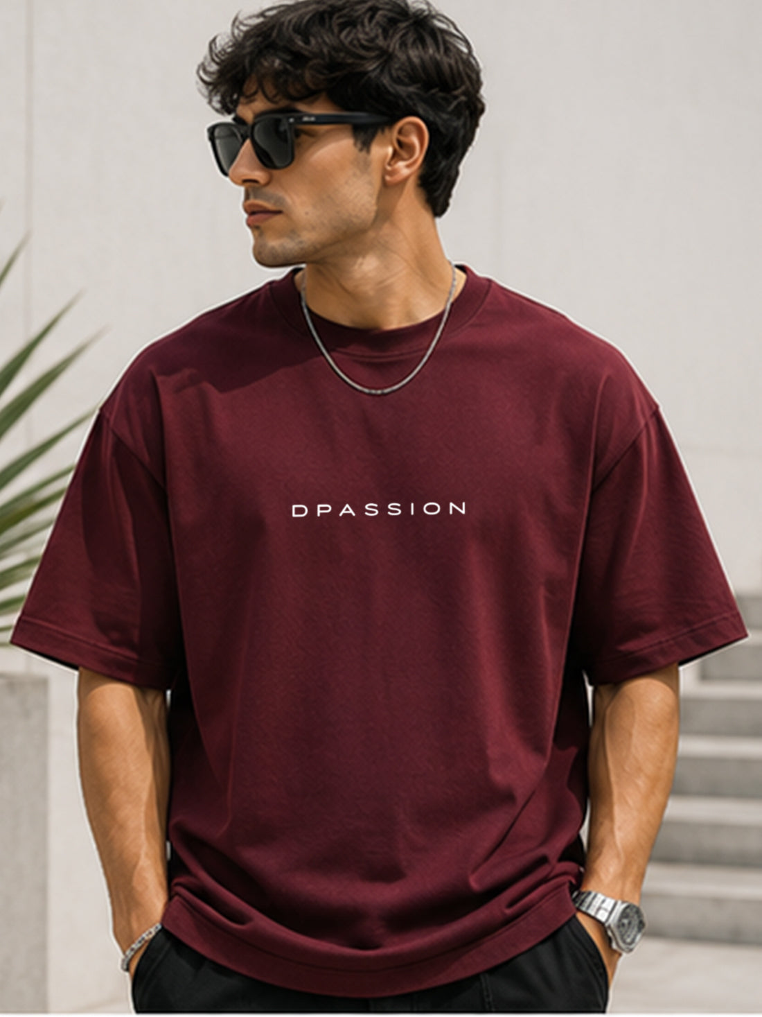 Men's Oversized Drop Shoulder T-Shirt | Cotton Fabirc Relaxed Fit Round Neck Streetwear Tee (Wine)
