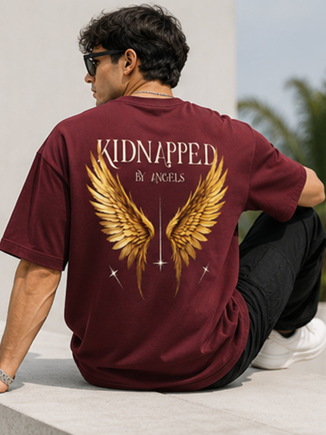 Men's Oversized Drop Shoulder T-Shirt | Cotton Fabirc Relaxed Fit Round Neck Streetwear Tee (Wine)