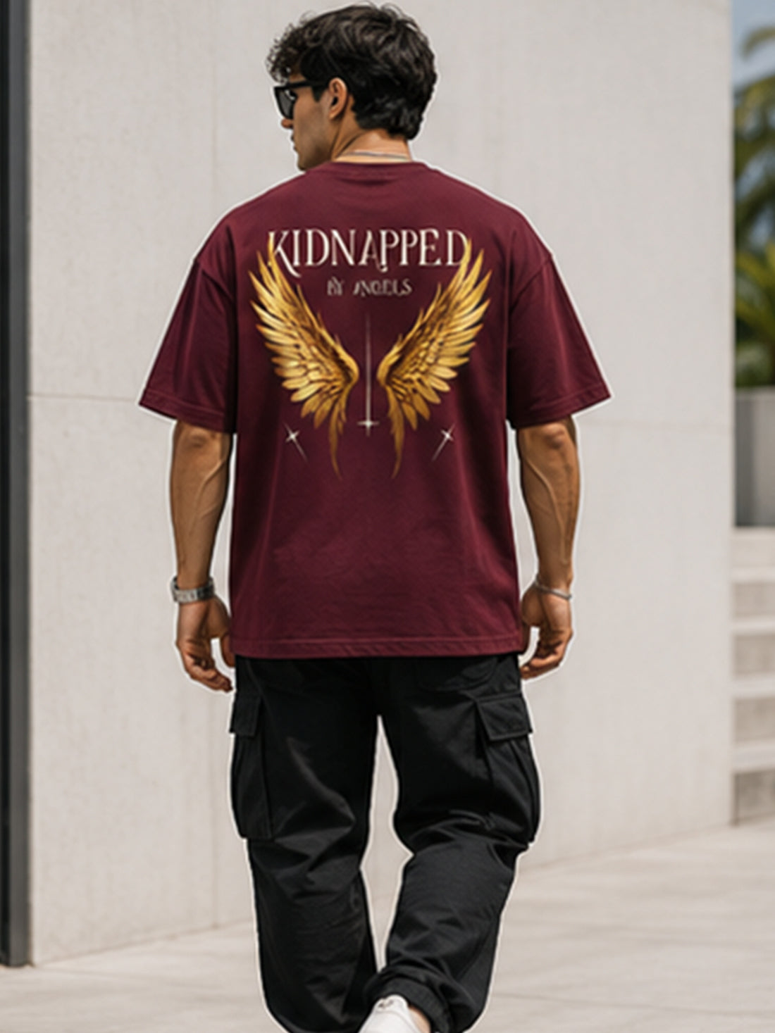 Men's Oversized Drop Shoulder T-Shirt | Cotton Fabirc Relaxed Fit Round Neck Streetwear Tee (Wine)