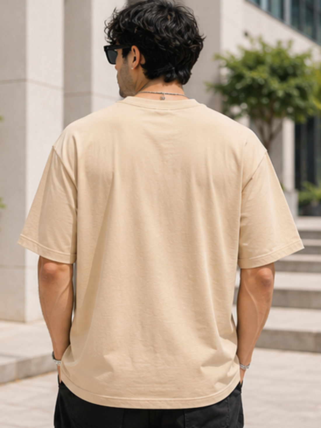 Men's Oversized T-Shirt | Pure Cotton Relaxed Fit Round Neck Streetwear Tee (Beige)