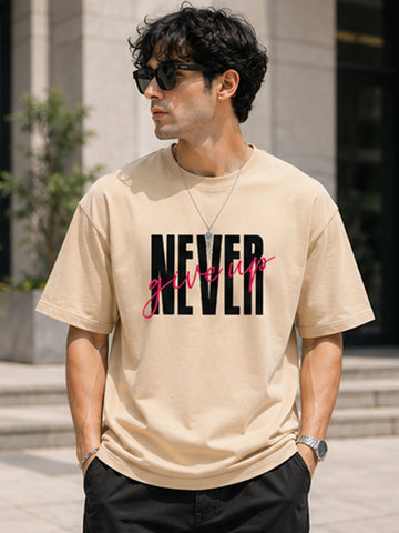 Men's Oversized T-Shirt | Pure Cotton Relaxed Fit Round Neck Streetwear Tee (Beige)