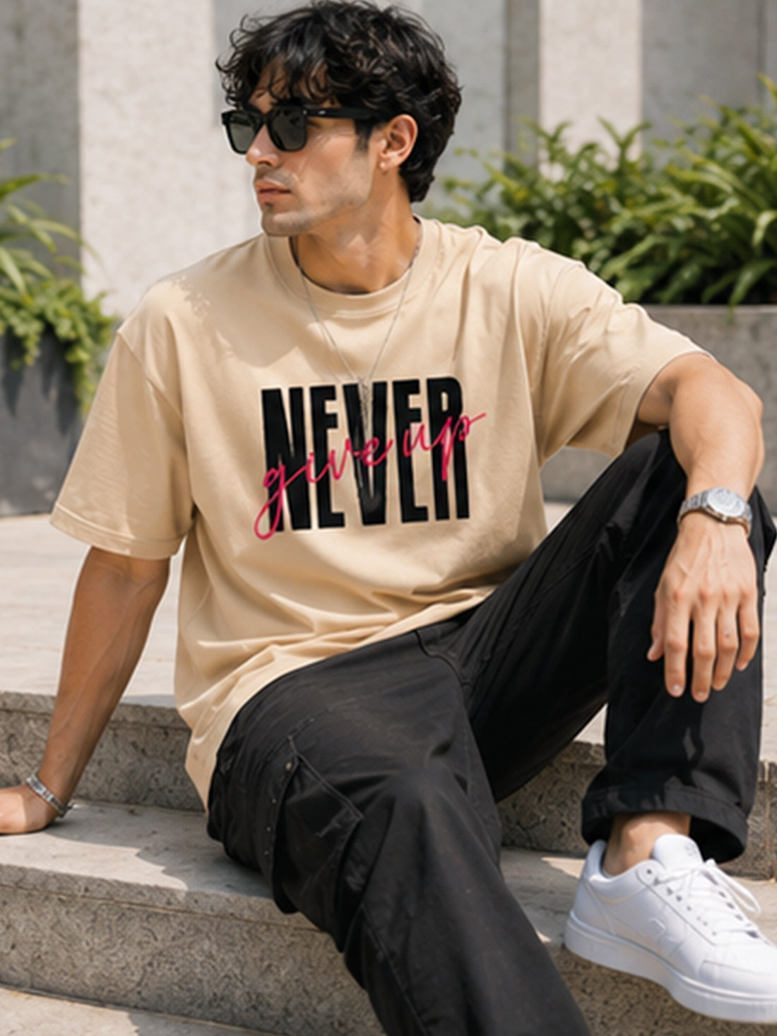 Men's Oversized T-Shirt | Pure Cotton Relaxed Fit Round Neck Streetwear Tee (Beige)