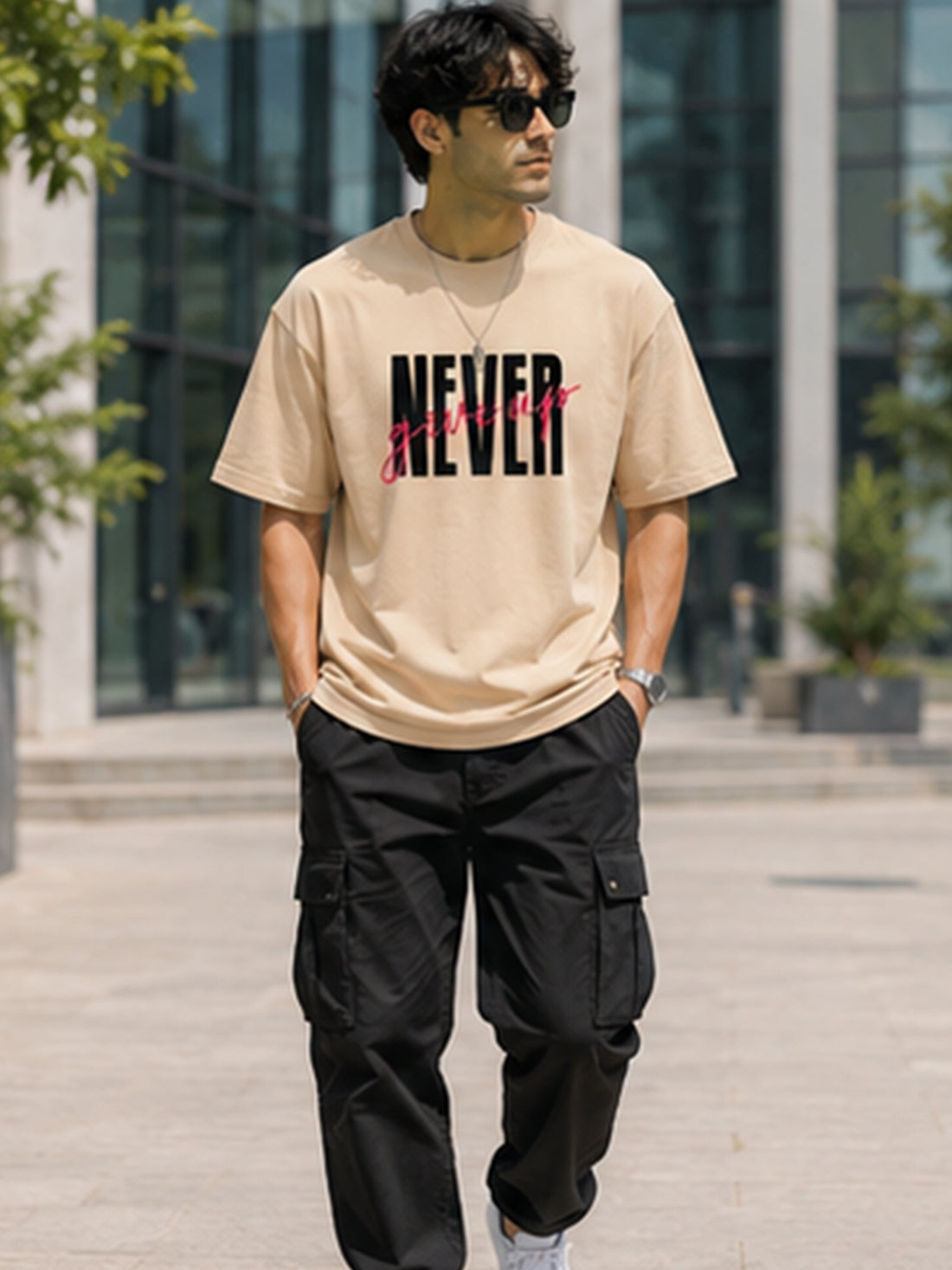 Men's Oversized T-Shirt | Pure Cotton Relaxed Fit Round Neck Streetwear Tee (Beige)