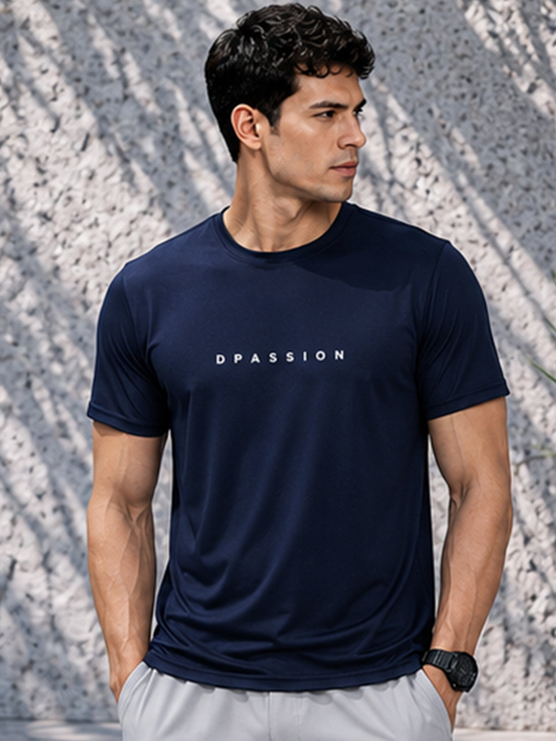 Men's Quick Dry Sports T-Shirt | Printed Gym Workout Running Training Activewear Tee (Navy Blue)
