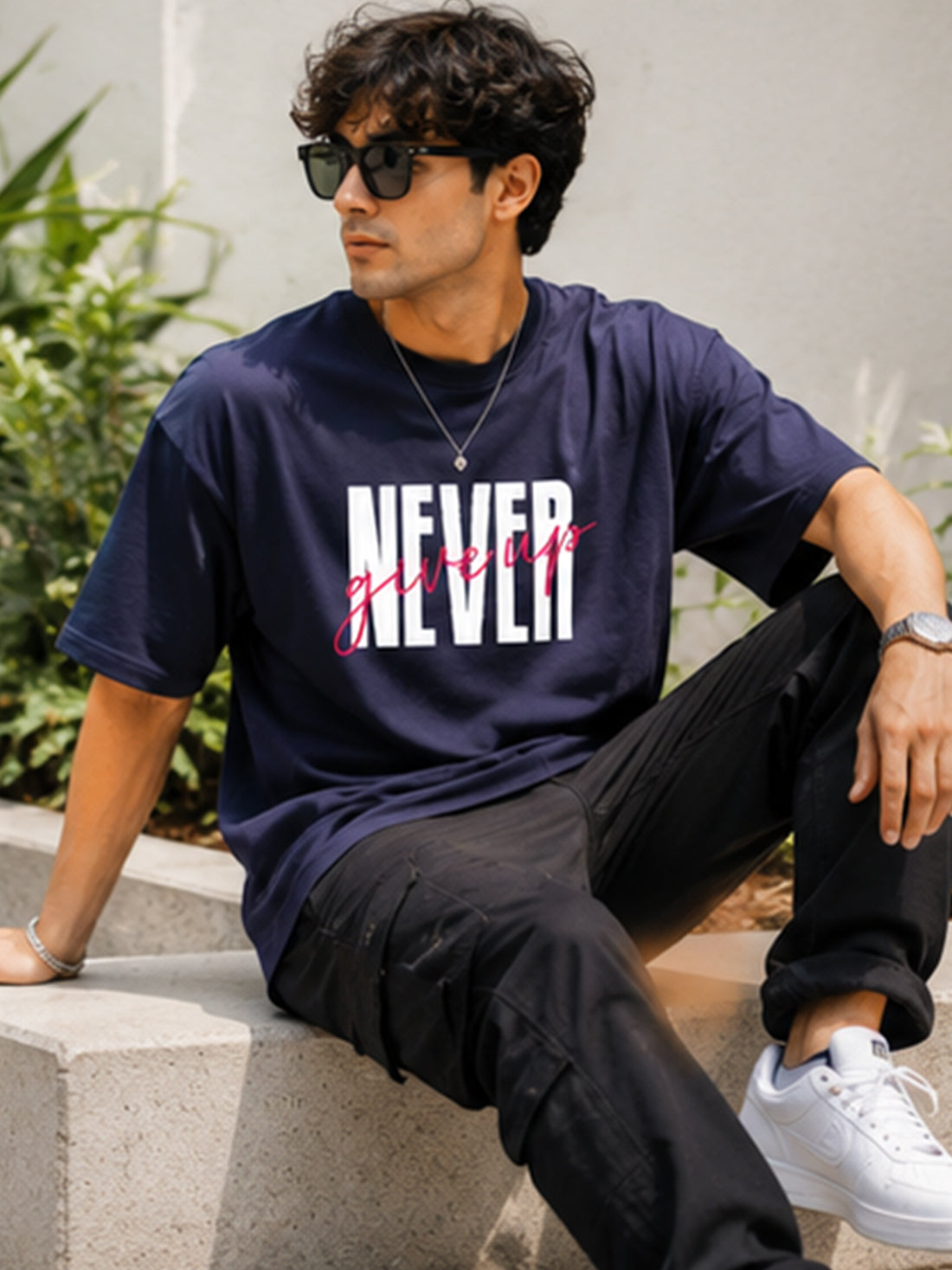Men's Oversized T-Shirt | Pure Cotton Relaxed Fit Round Neck Streetwear Tee (Navy Blue)
