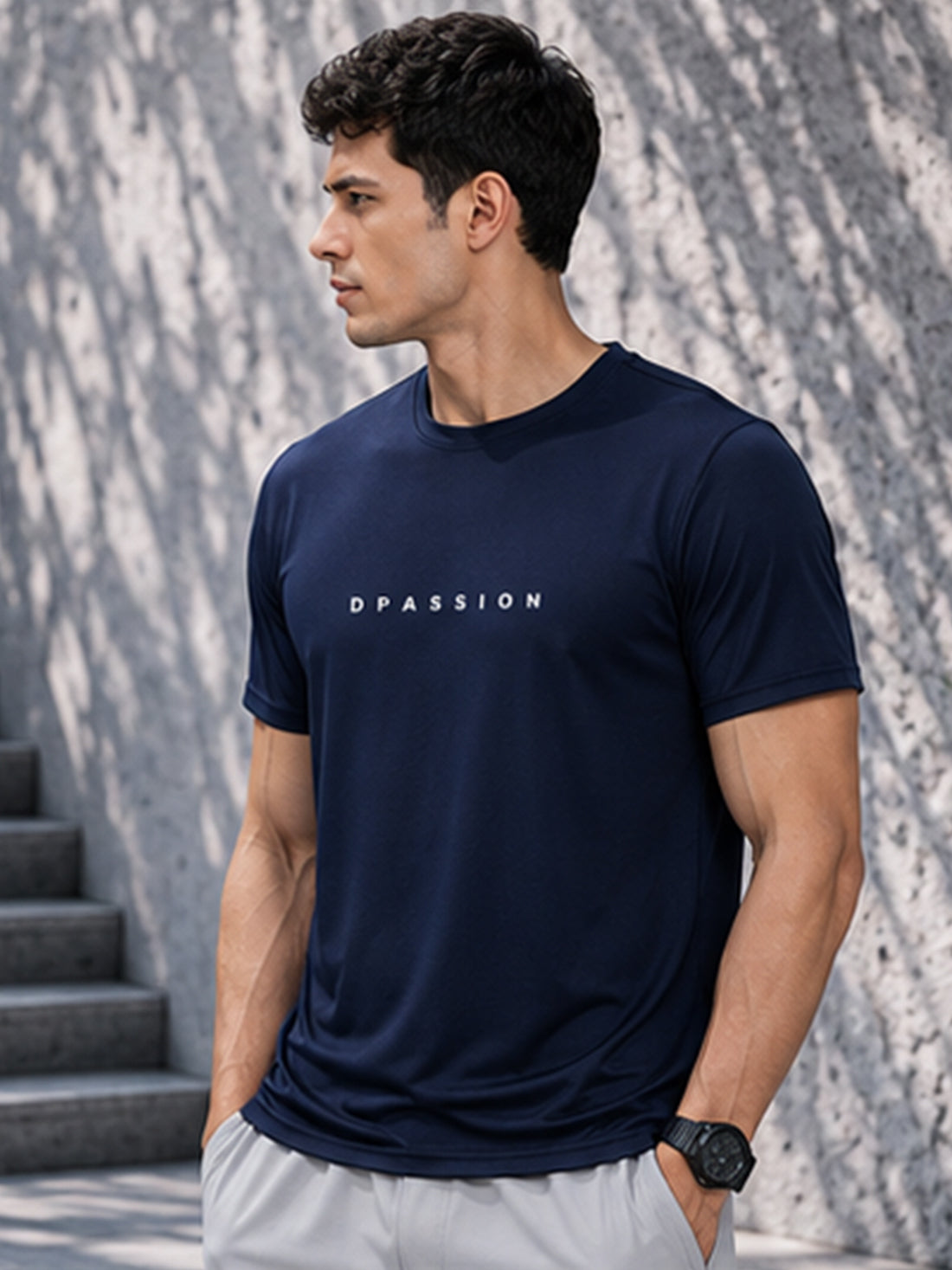 Men's Quick Dry Sports T-Shirt | Printed Gym Workout Running Training Activewear Tee (Navy Blue)