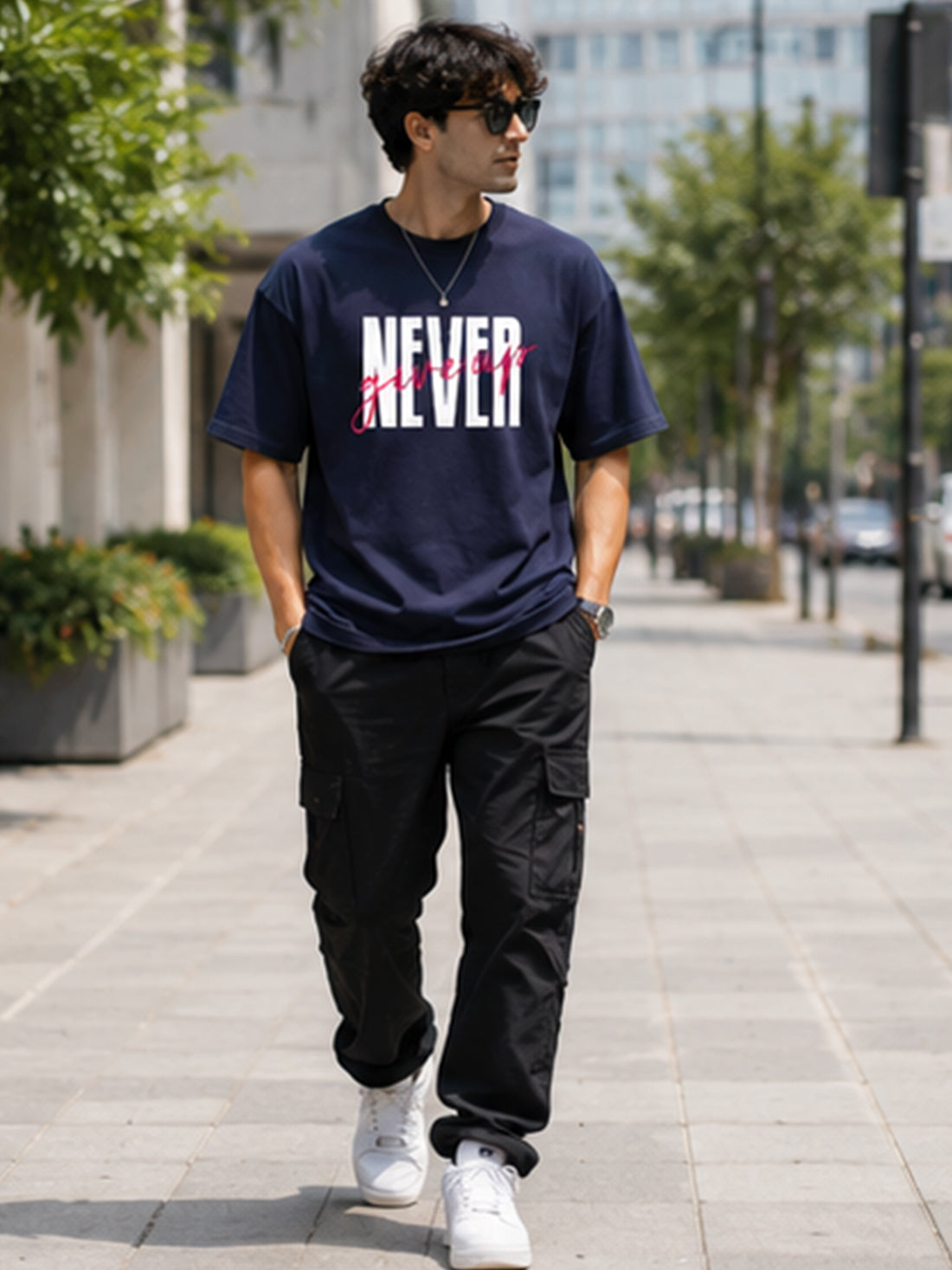 Men's Oversized T-Shirt | Pure Cotton Relaxed Fit Round Neck Streetwear Tee (Navy Blue)