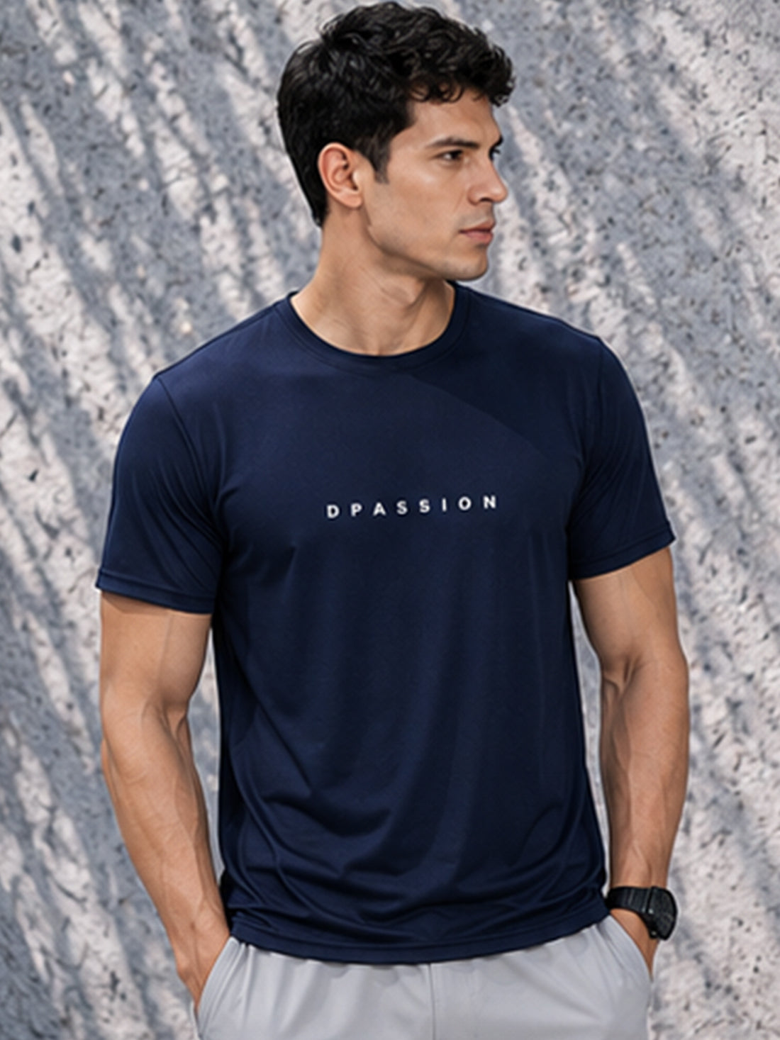Men's Quick Dry Sports T-Shirt | Printed Gym Workout Running Training Activewear Tee (Navy Blue)