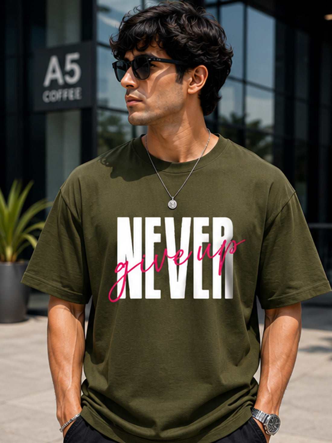 Men's Oversized T-Shirt | Pure Cotton Relaxed Fit Round Neck Streetwear Tee (Olive)