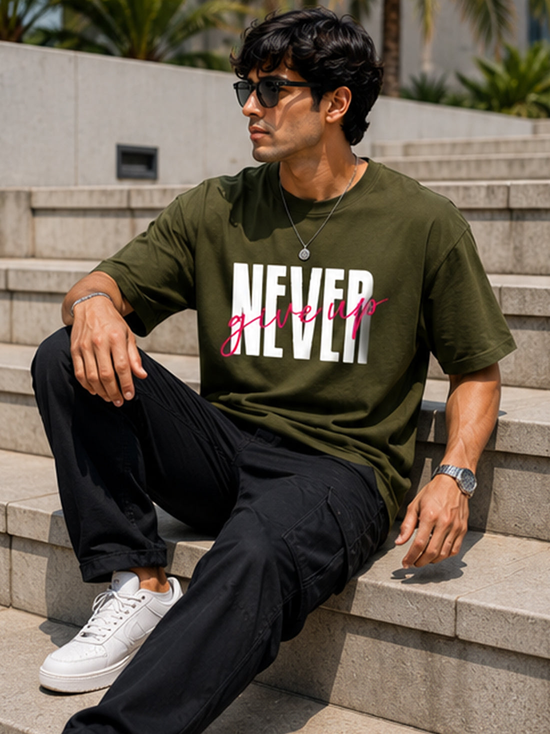 Men's Oversized T-Shirt | Pure Cotton Relaxed Fit Round Neck Streetwear Tee (Olive)