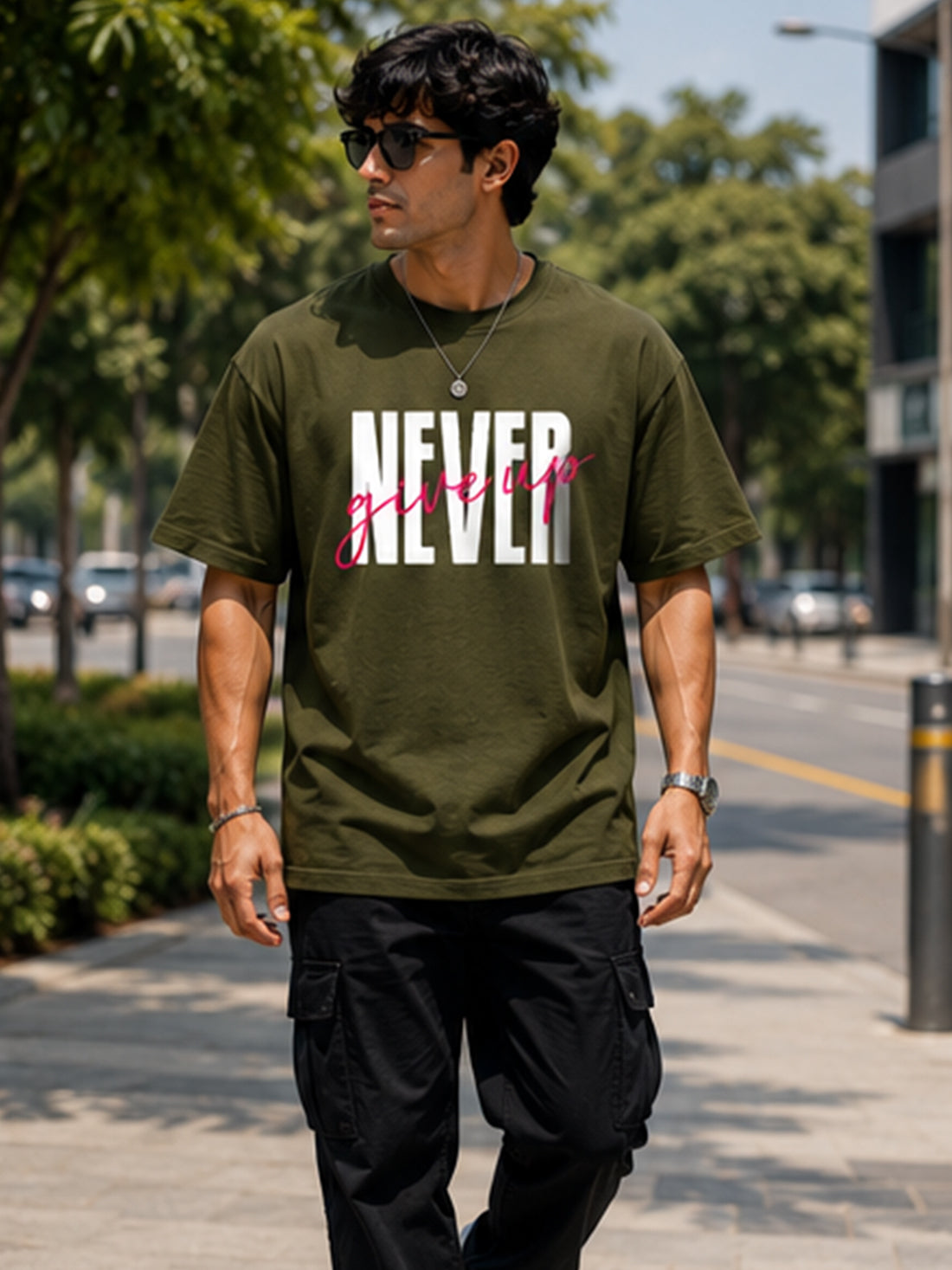 Men's Oversized T-Shirt | Pure Cotton Relaxed Fit Round Neck Streetwear Tee (Olive)
