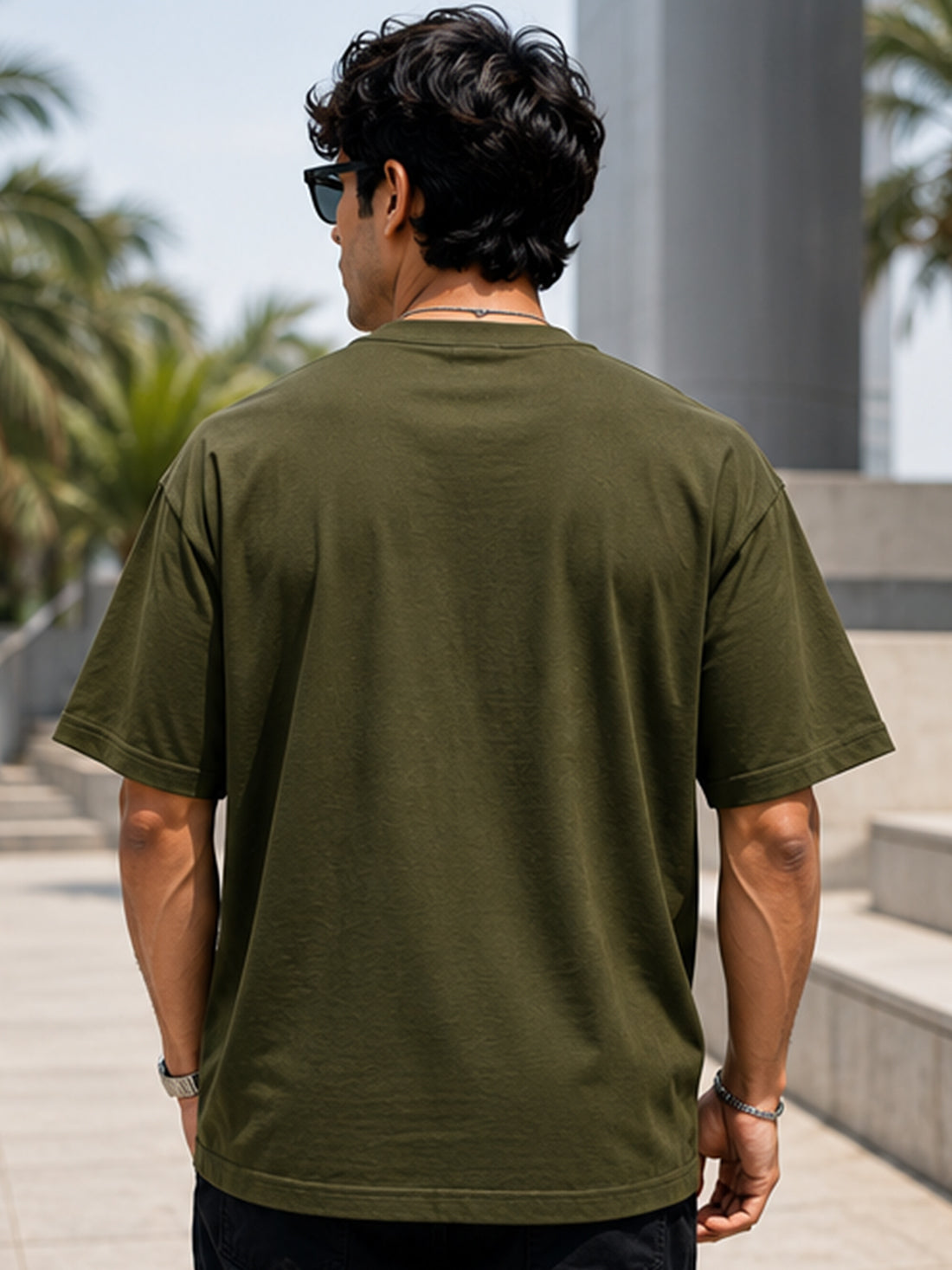 Men's Oversized T-Shirt | Pure Cotton Relaxed Fit Round Neck Streetwear Tee (Olive)