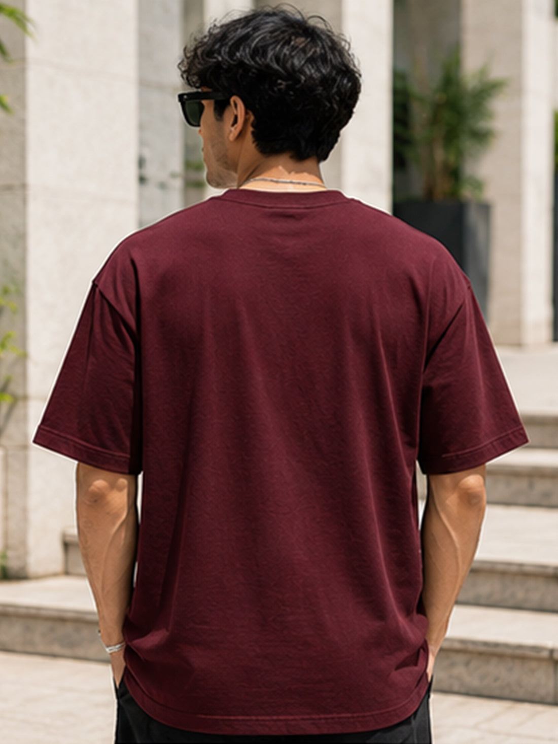 Men's Oversized T-Shirt | Pure Cotton Relaxed Fit Round Neck Streetwear Tee (Wine)