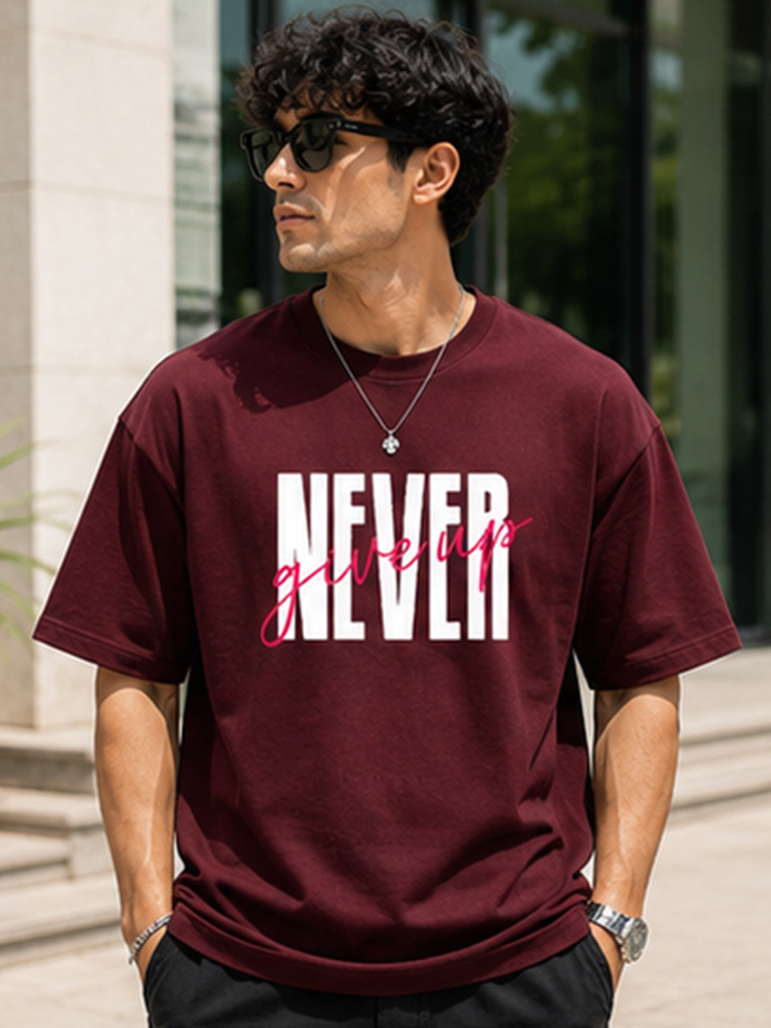 Men's Oversized T-Shirt | Pure Cotton Relaxed Fit Round Neck Streetwear Tee (Wine)
